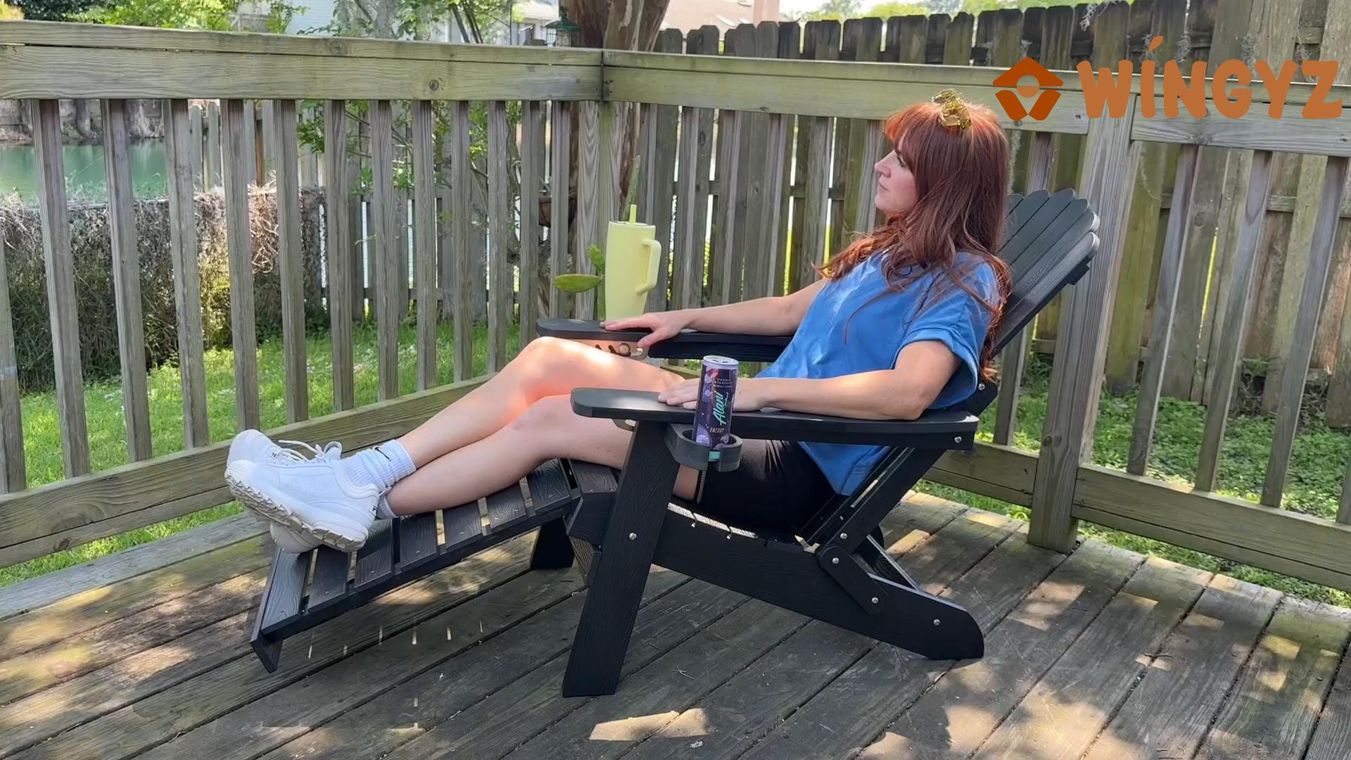 thumbnail video image 2 of Folding Adjustable Adirondack Chair,Adirondack Chairs with Retractable Ottoman 2 Cup Holders, Outdoor Chairs for Patio Lawn Balcony Weather Resistant, 2 of 7