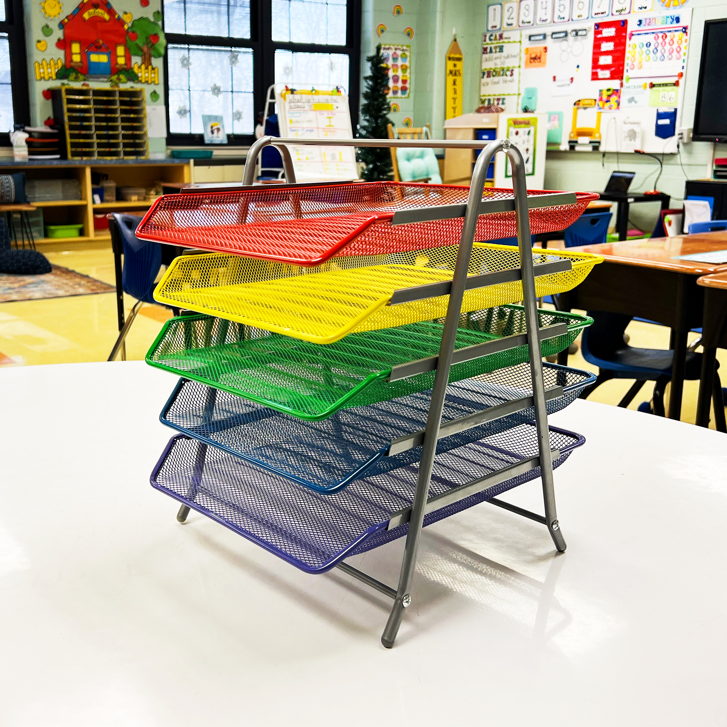 thumbnail video image 2 of Mind Reader 5-Tier Paper Tray, Desktop Organizer, File Storage, Workspace, Office, Metal Mesh, 11.75"L x 14"W x 15"H, Assorted Colors, 2 of 10