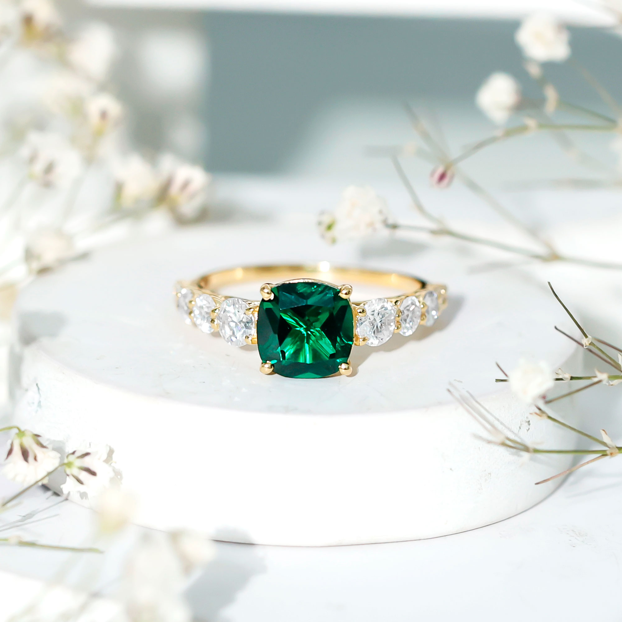 thumbnail video image 2 of Rosec Jewels Lab Created Emerald Engagement Ring for Women - 2 Carat - AAAA Quality Cushion Cut Emerald Ring with Moissanite, 18K Yellow Gold, US 8.50, 2 of 8