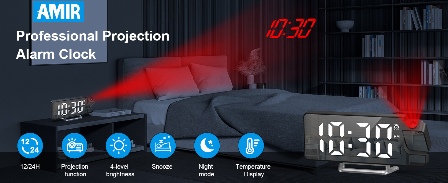 thumbnail video image 2 of Alarm Clock, AMIR Projection Alarm Clock 7.9" LED 180° Rotatable Date Temperature Display Dimmer Snooze Night Mode Digital Alarm Clock for Bedroom Kids Room Elderly Black, 2 of 11