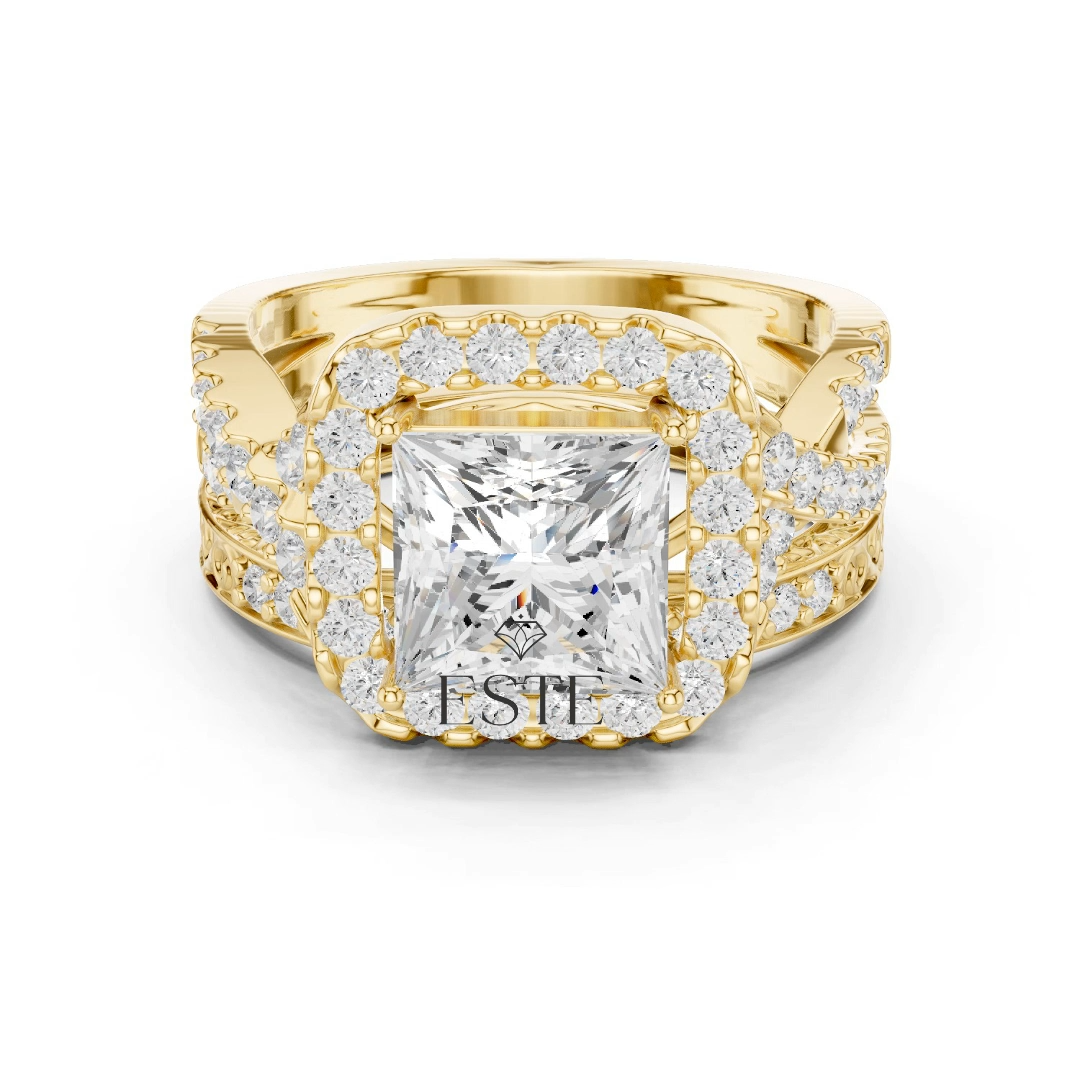 thumbnail video image 2 of 2ct Square Moissanite Wedding Ring Set - Vintage Inspired Halo – Twisted Band with Pave Accents in 18K Yellow Gold over Silver, 2 of 8