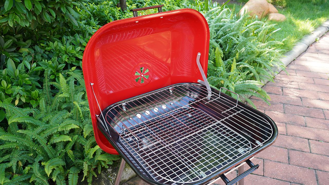 thumbnail video image 2 of Linsen-outdoors BBQ Grill Charcoal Barbecue Grill Stainless Steel Outdoor Party Camping Picnic (Red), 2 of 9