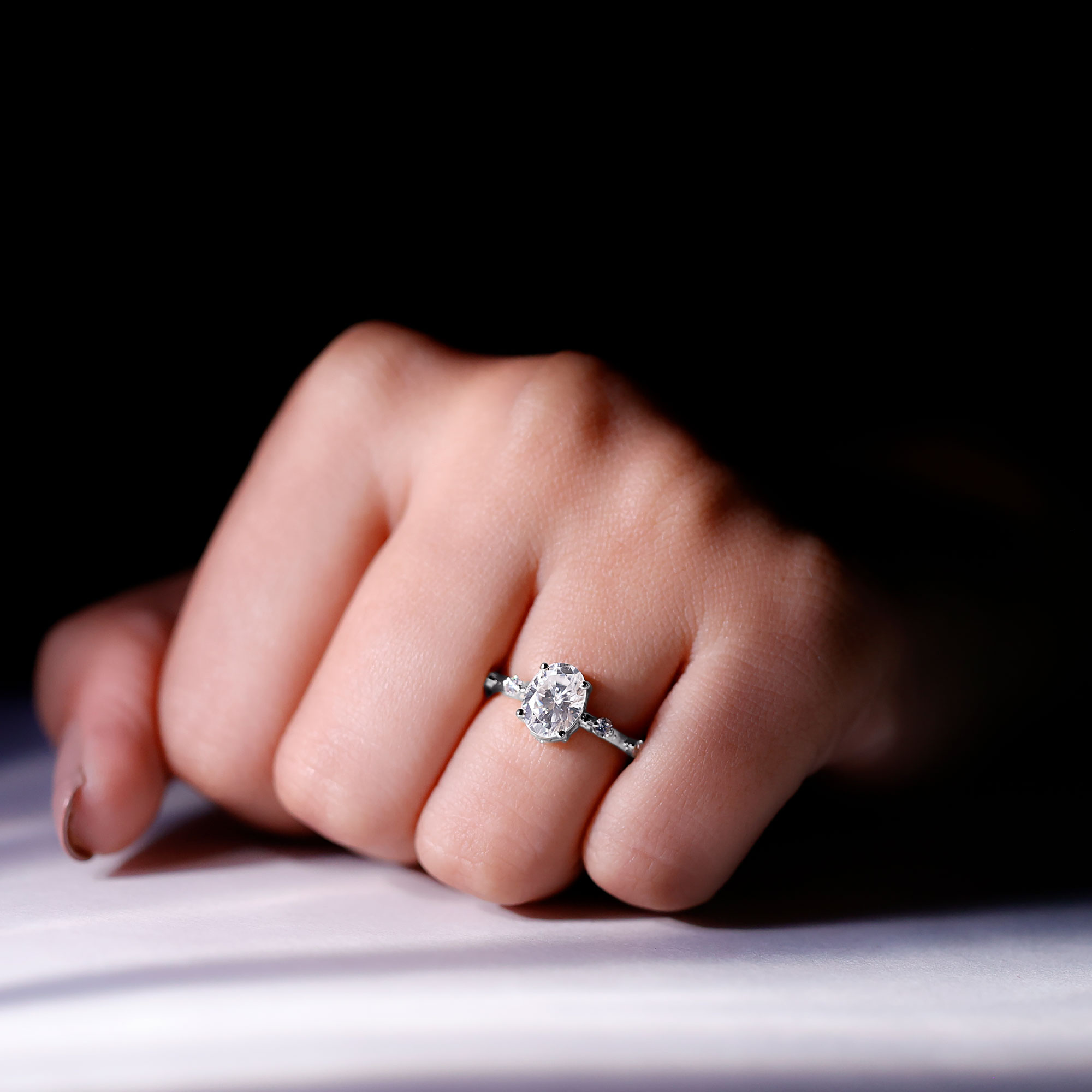 thumbnail video image 2 of Rosec Jewels Sterling Silver Oval Engagement Ring (6x8 mm, 925 Stamped) - D-VS1 Quality 1 Carat Moissanite Ring for Women, US 7.50, 2 of 8