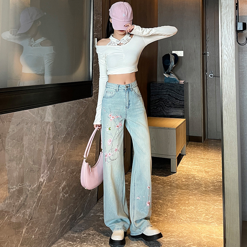 thumbnail video image 2 of Women Light Wash Cotton Jeans, Floral Embroidered High Waist Straight Wide Leg Pants for Summer, 2 of 6