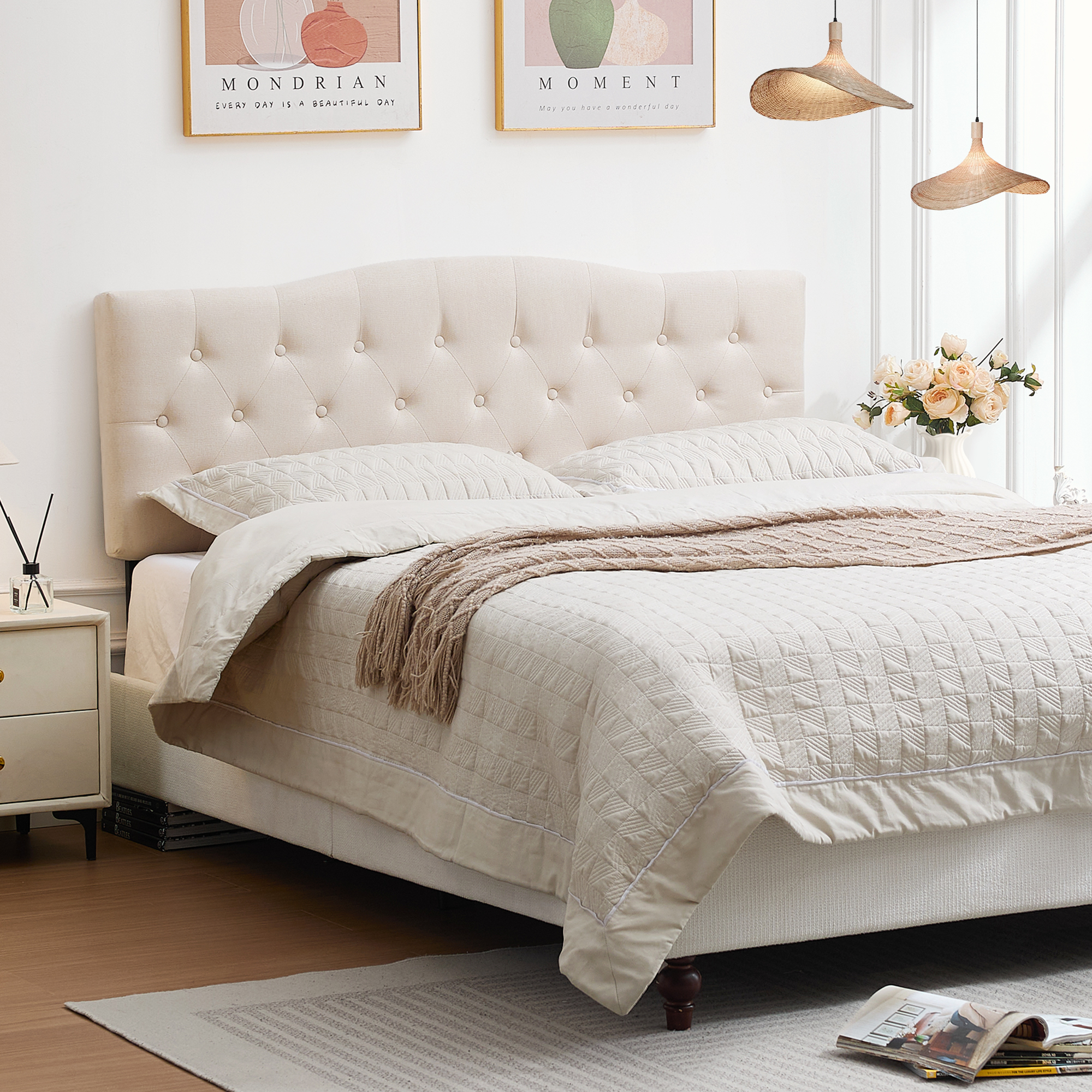 thumbnail video image 2 of JONPONY Tufted Upholstered Headboard Queen Size, Solid Wood Head Board with Durable Metal Legs, Adjustable Height Head Board, Beige, 2 of 9