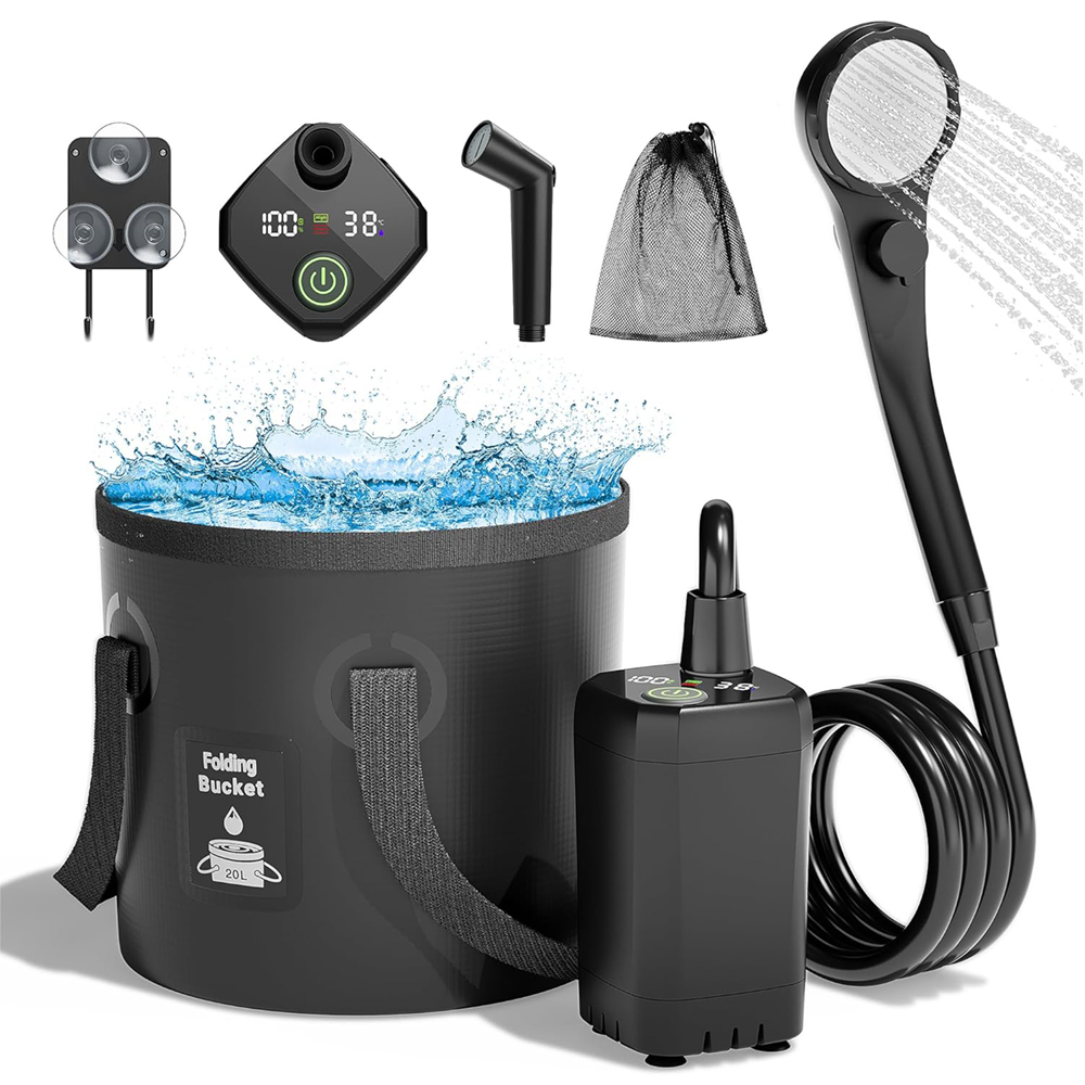 thumbnail video image 2 of Portable Camping Shower, 6000mAh Rechargeable Shower Pump, Filtered Shower Head & 5 Gallons Foldable Bucket, Outdoor Shower for Hiking, Beach, Travel, Pet Bath, Car Washing, Surf & Boat Cleaning, 2 of 17
