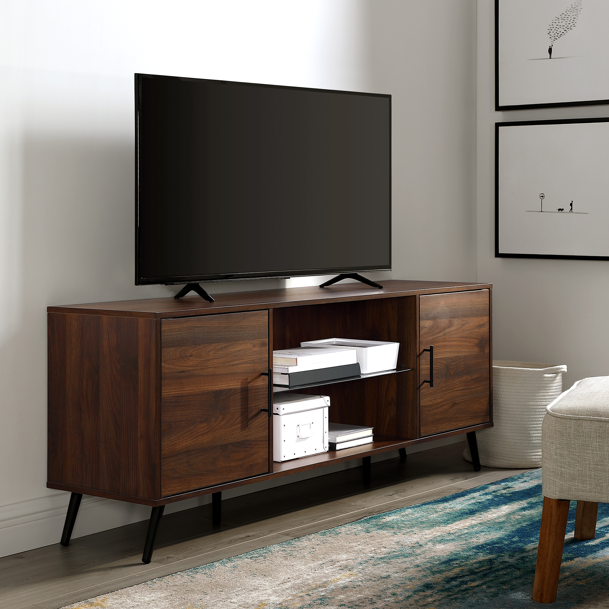 thumbnail video image 2 of Walker Edison Mid Century 2-Door TV Stand for TVs up to 68", Dark Walnut, 2 of 16