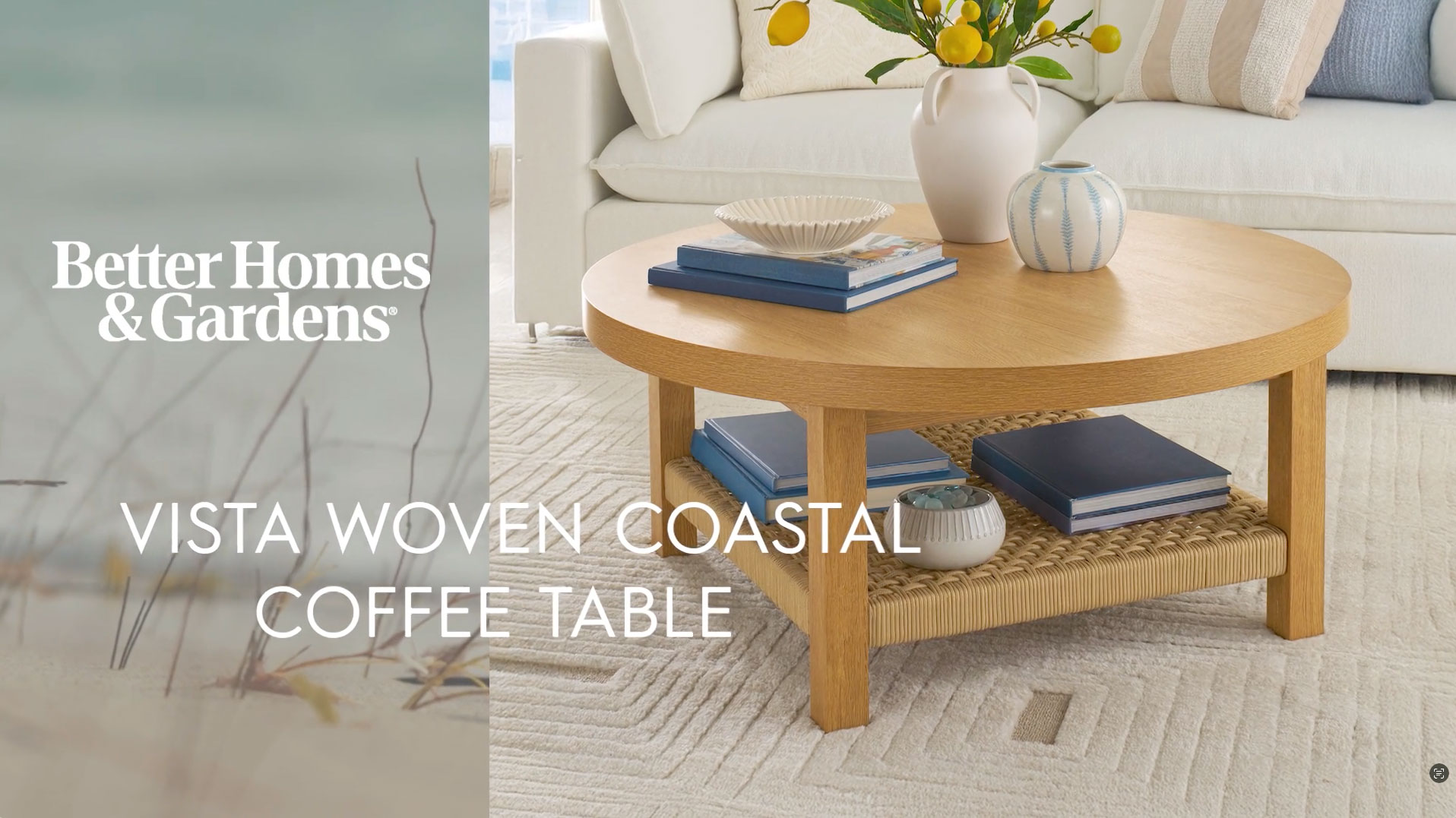 thumbnail video image 3 of Better Homes & Gardens Vista Woven Coastal Coffee Table, Light Honey, 3 of 14