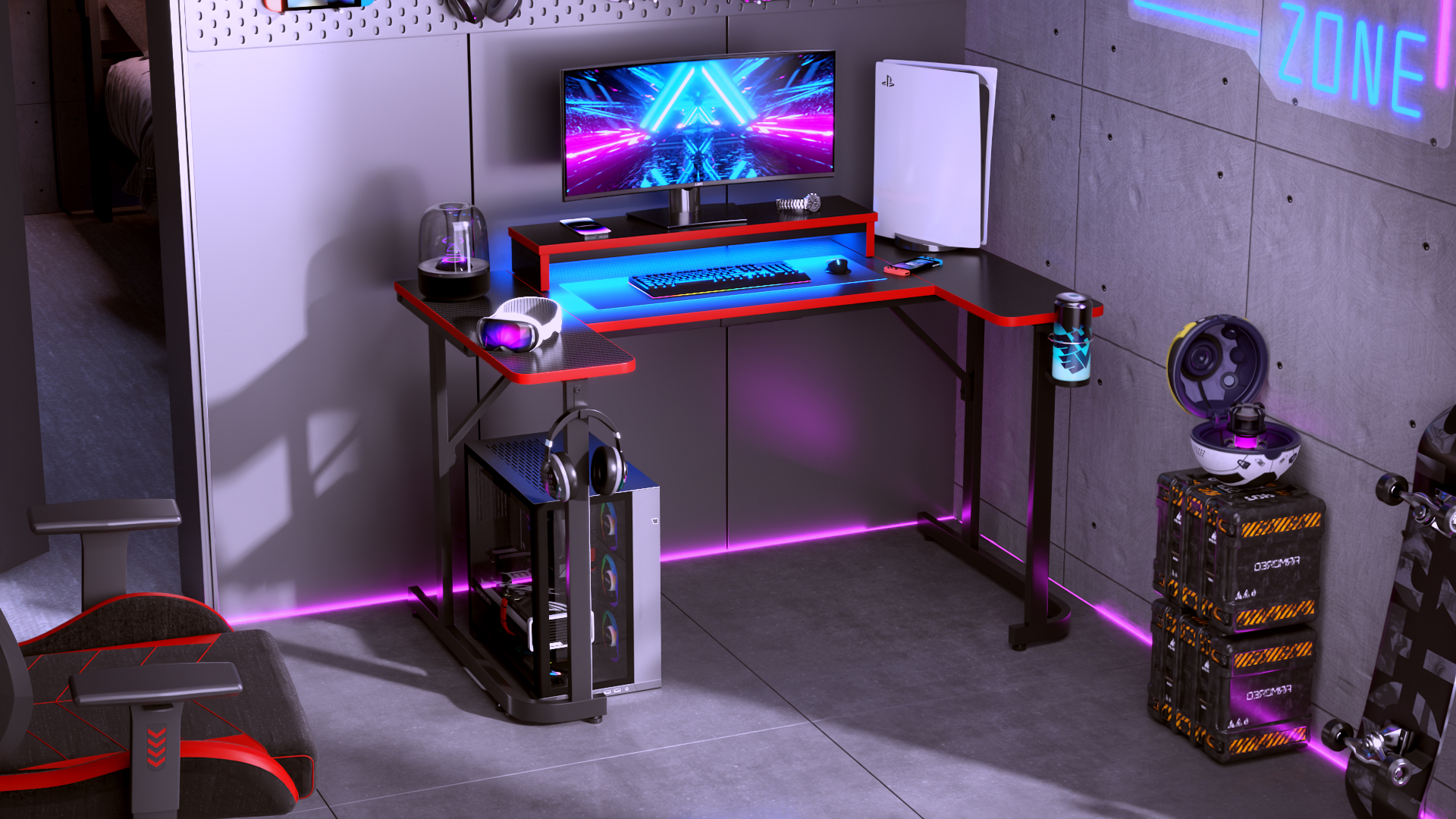 thumbnail video image 2 of Bestier U-shaped Gaming Desk with Monitor Stand, LED Lights, Headphone Hooks, Cup Holder, 31.5 x 59 in, Carbon Fiber Black, 2 of 9