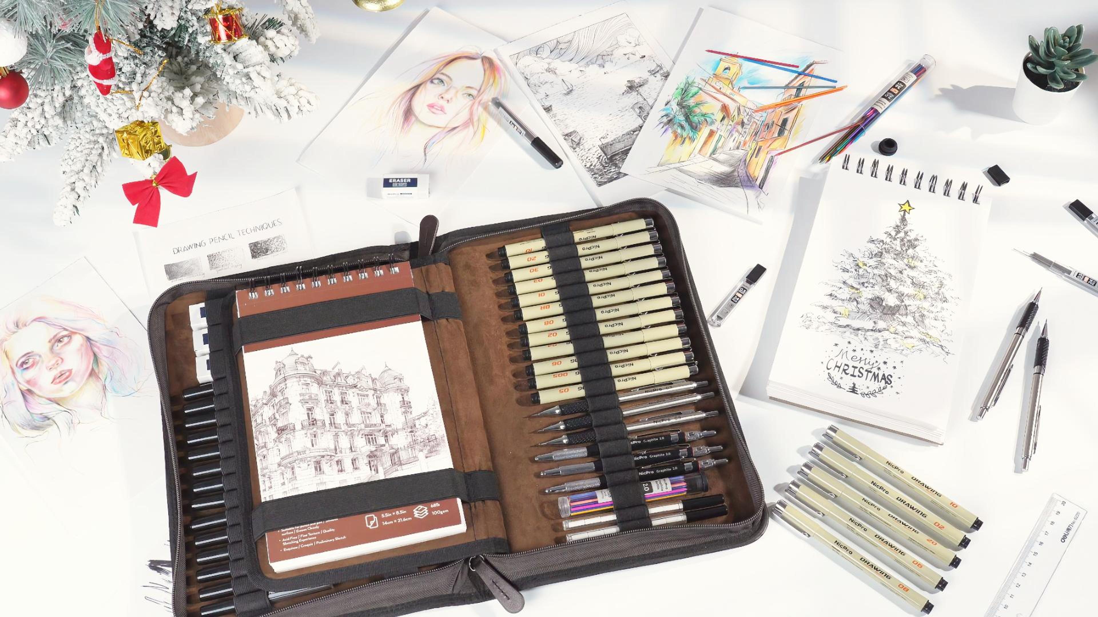 thumbnail video image 2 of Nicpro 58 PCS Art Drawing Supplies Kit in Leather Case, Art Mechanical Pencil Set with 6 Metal Drafting Pencil 0.5 & 0.7 & 0.9 & 2mm, 12 Micron Pen, Sketch Book, 30 Tube Lead Refills for Sketching, 2 of 9