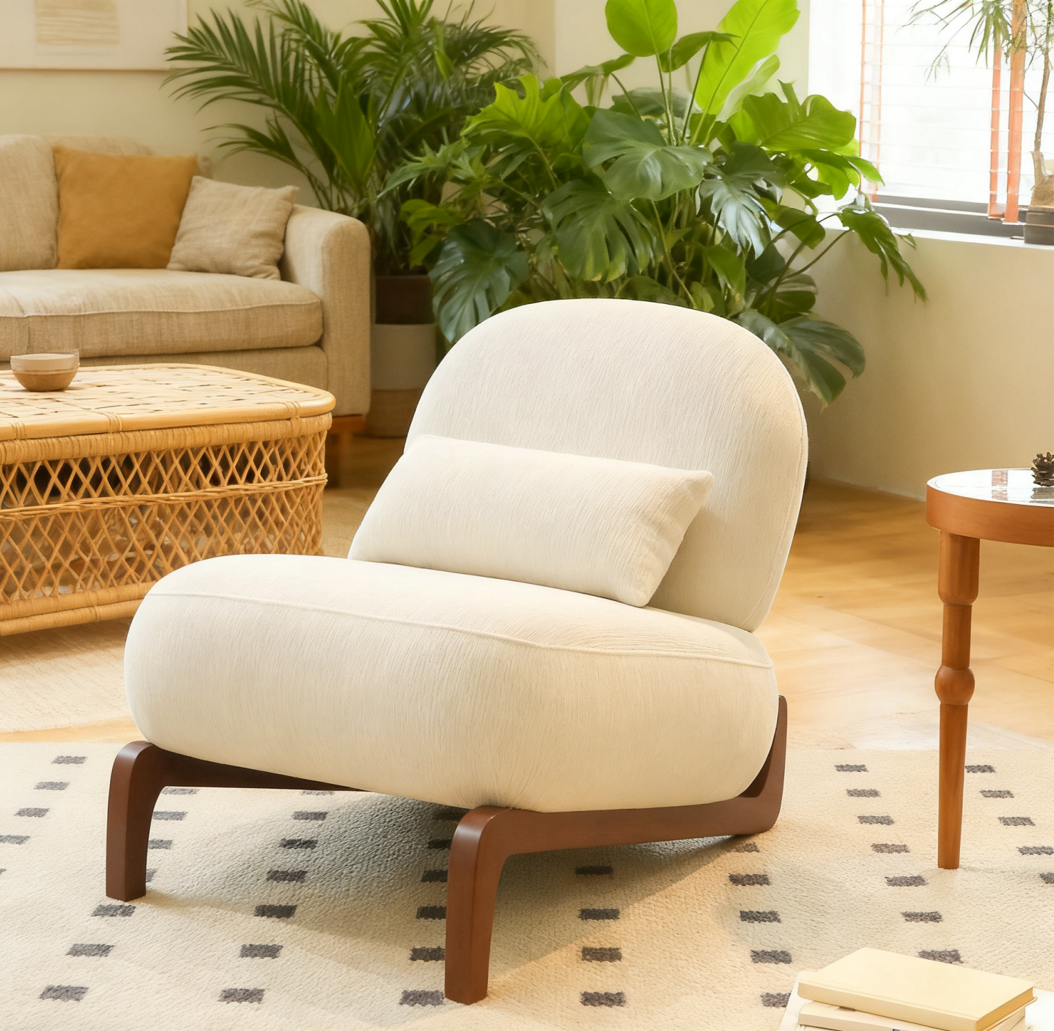 thumbnail video image 2 of Peispie Cute Accent Chair with Solid Wood Legs 250lbs, PU Leather Living Room Chair with Soft Cushion, Cozy Armless Reading Chair for Bedroom, Apartment, Balcony, Beige, 2 of 9