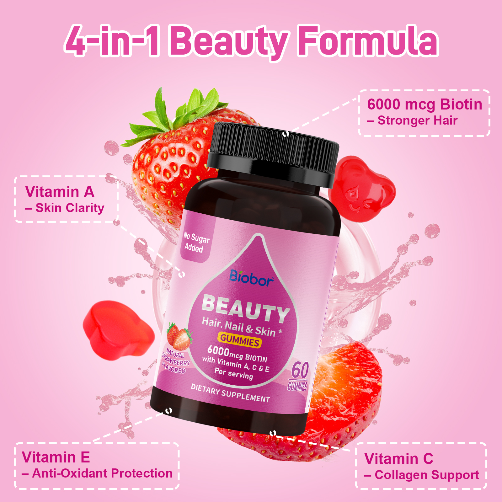 thumbnail video image 2 of Biobor Sugar Free Beauty Gummies for Hair, Skin and Nails with Vitamins A C E and Biotin, Strawberry Flavor, 60 Count, 6.35 oz, 2 of 6