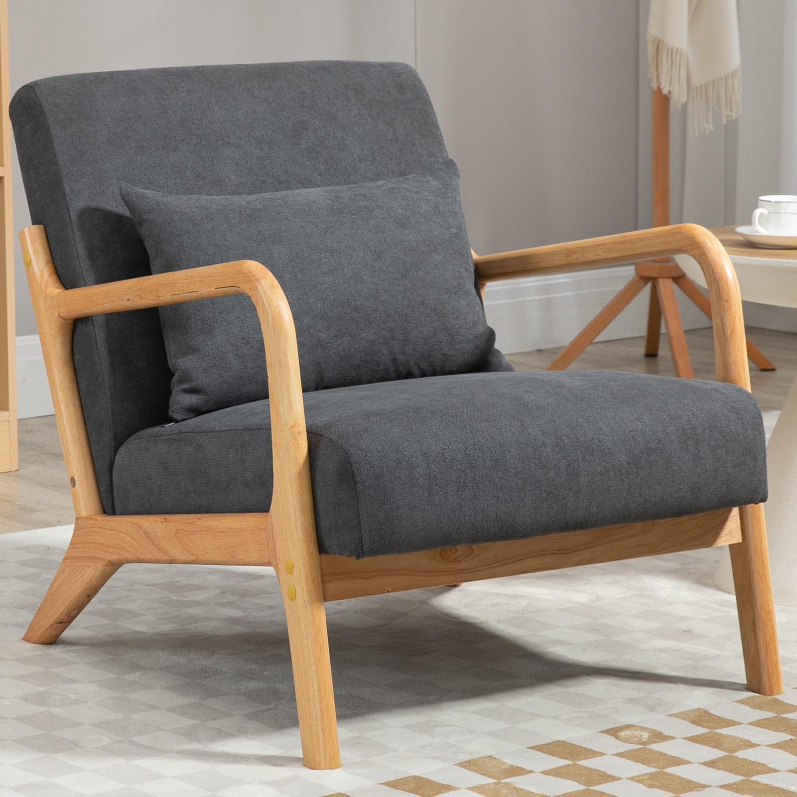 thumbnail video image 2 of Peispie Mid Century Modern Accent Chair with Solid Wood Frame, Breathable Cotton Linen Lounge Chair with Lumbar Pillow, Sturdy 350LBS Reading Armchair for Living Room, Blue, 2 of 8