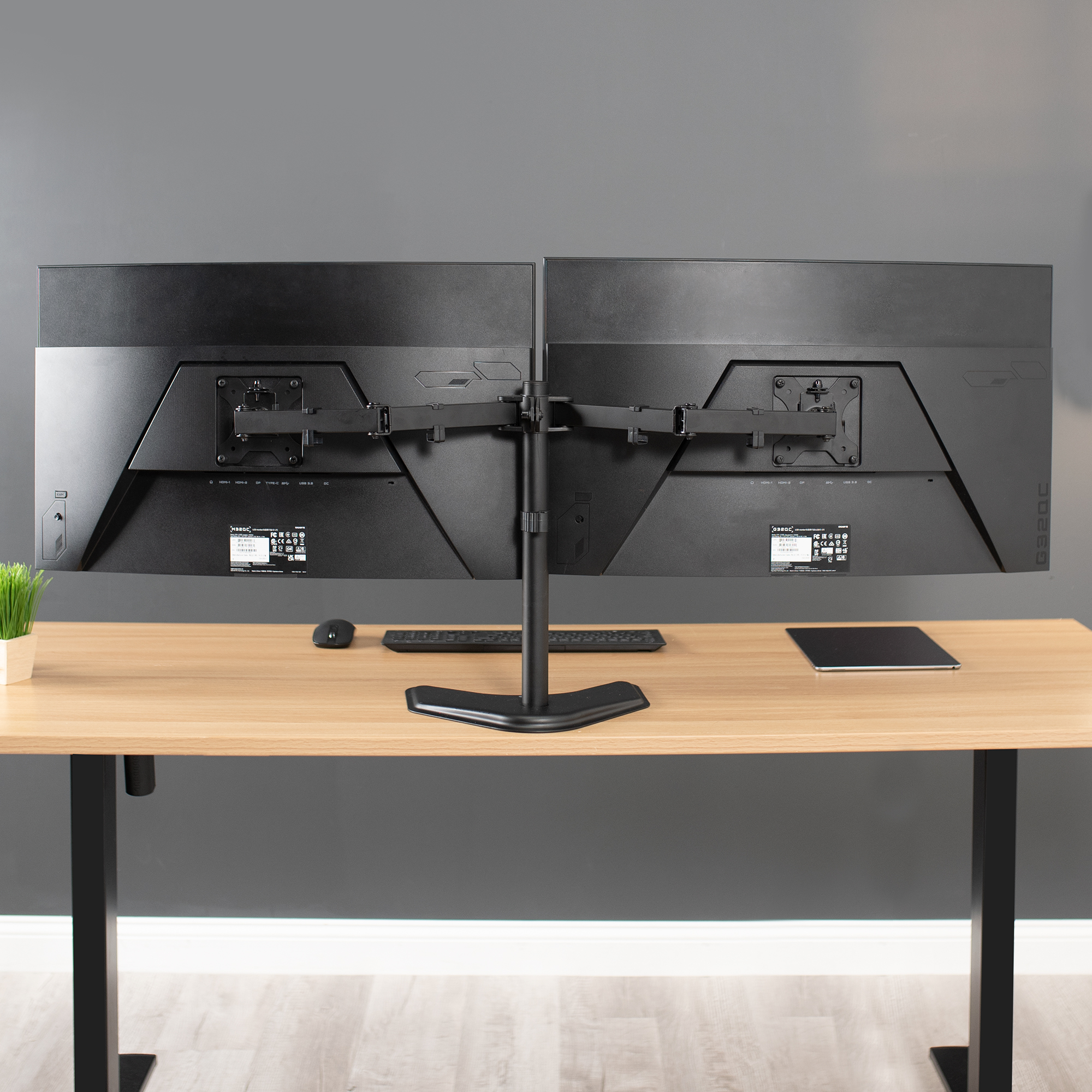thumbnail video image 2 of VIVO Black Dual Monitor Articulating Desk Stand Mount, Fits Up to 32" Screens, 2 of 9