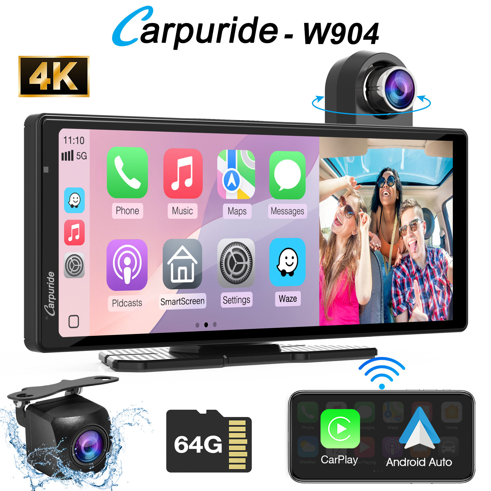 thumbnail video image 2 of Carpuride 4K Dash Cam Front and Rear Wireless  Android Auto Carplay ,Car DashCamera 10.26" HD IPS Touch, 2 of 14