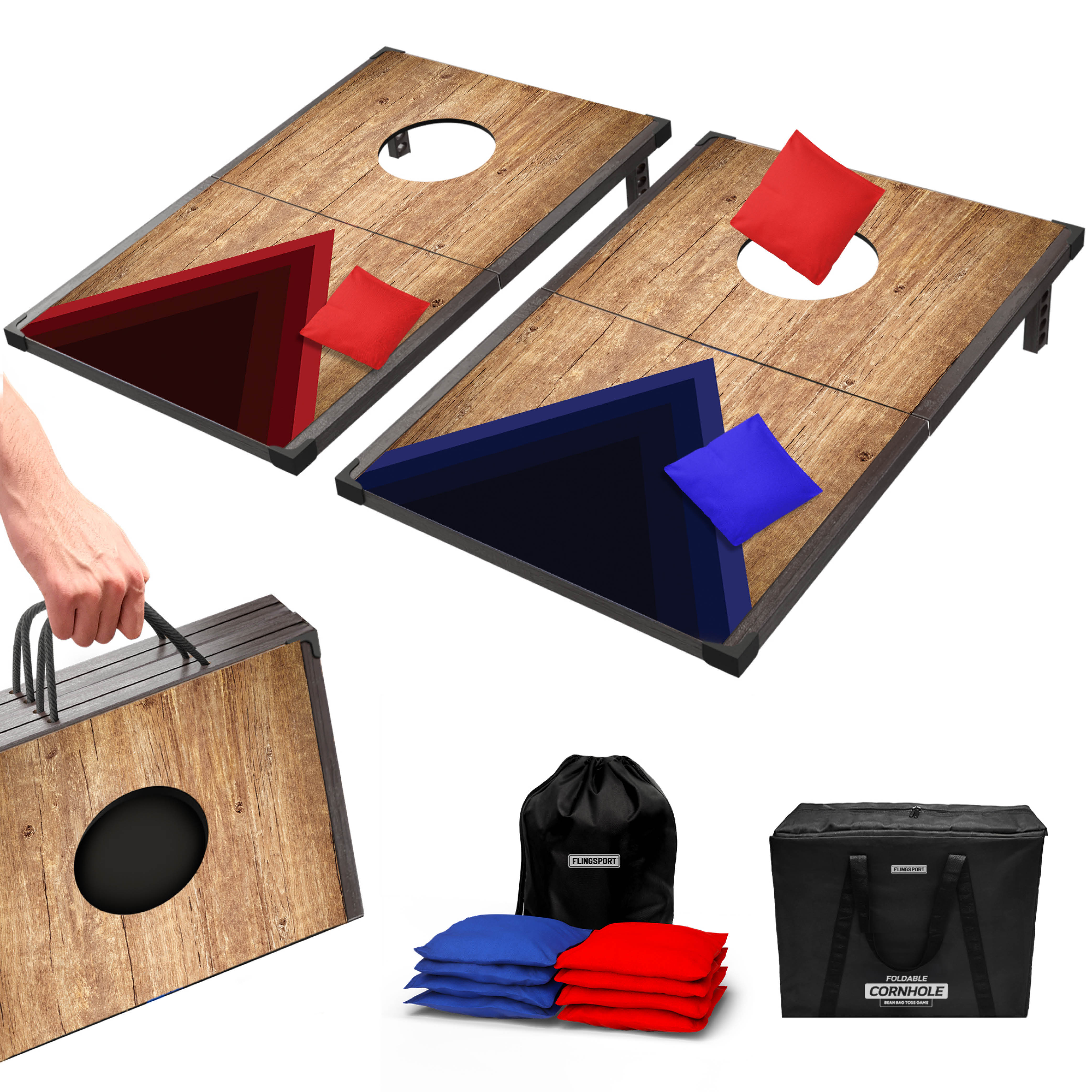 thumbnail video image 2 of FLINGSPORT Portable Cornhole Board Set, Foldable Wooden Travel Size, 24"x15", 2 of 8