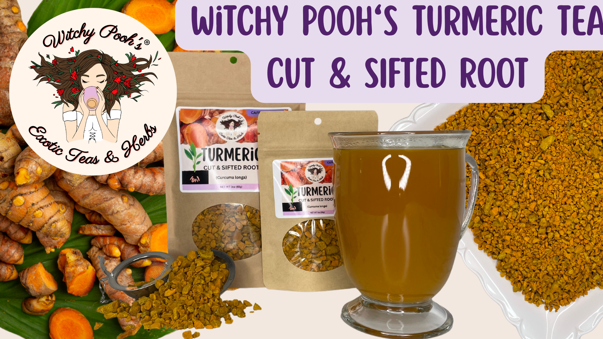 thumbnail video image 2 of Witchy Pooh's Turmeric Tea - Cut & Sifted Root, Caffeine Free, 3oz Pouch, 2 of 6
