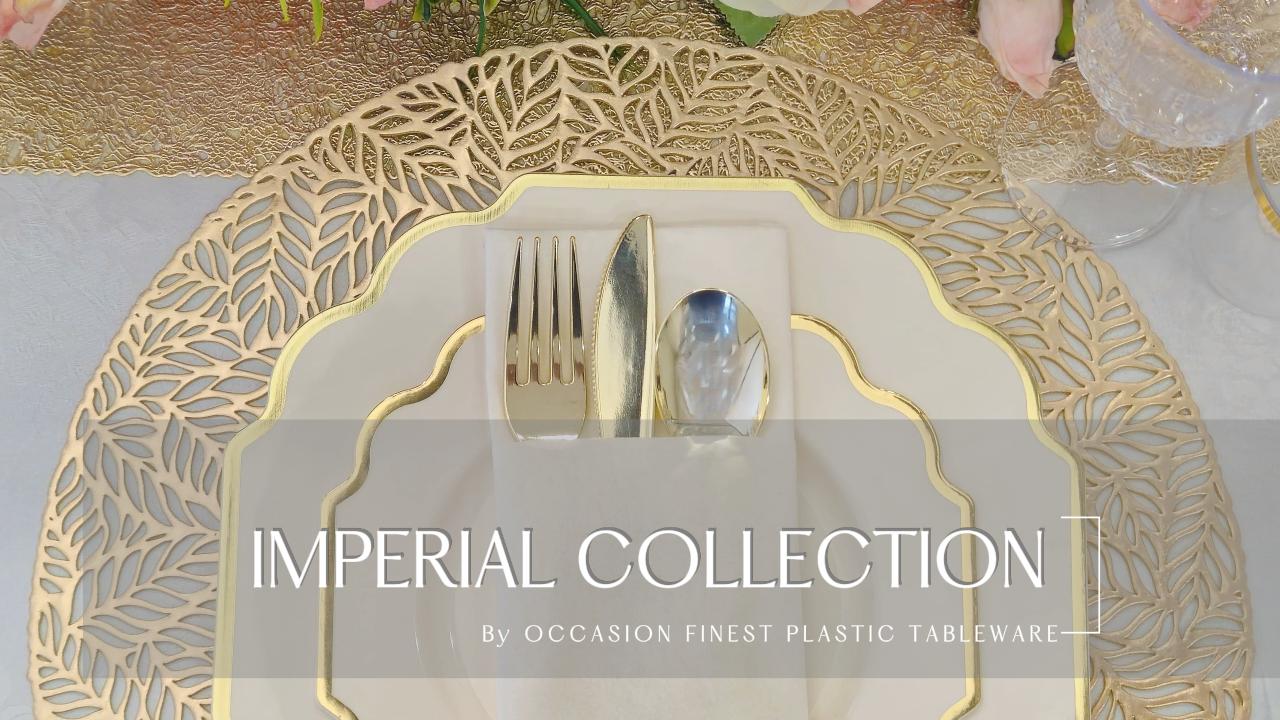 thumbnail video image 2 of " OCCASIONS " 80 Plates Pack,(40 Guests) Heavyweight Wedding Party Disposable Plastic Plates Set -40 x 10.5'' Dinner + 40 x 8'' Salad/Dessert Plate (Imperial Ivory and Gold), 2 of 6