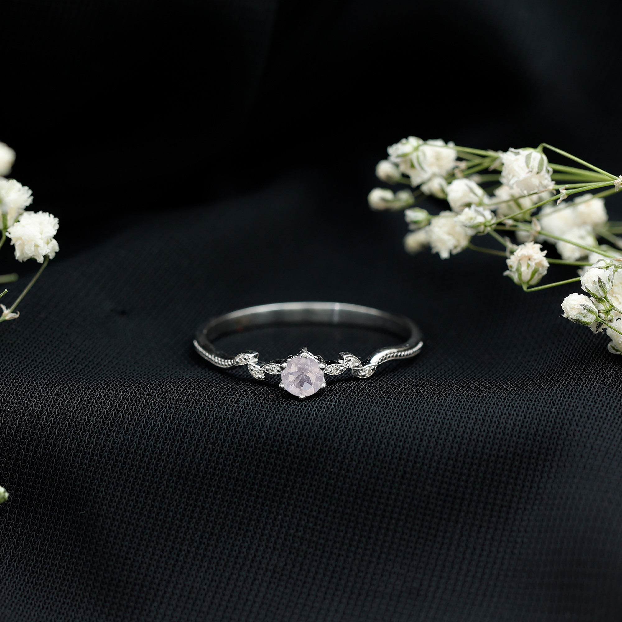 thumbnail video image 2 of Rosec Jewels Rose Quartz Leaf Promise Ring with Diamond for Women ( AAA Quality), 18K White Gold, US 9.50, 2 of 9