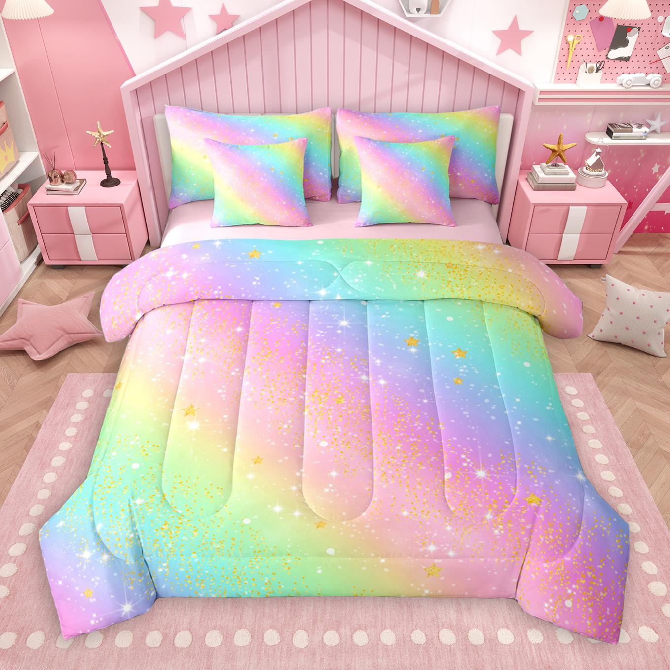 thumbnail video image 2 of Manfei Colorful Fairy Tale 7-Piece Bedding Comforter Set,Rainbow Lines Striped King Bedding Sets,Gradinert Blue Yellow Pink Bed Sheets For Girl Teens,Ultra Soft Home Decor Reversible, 2 of 9