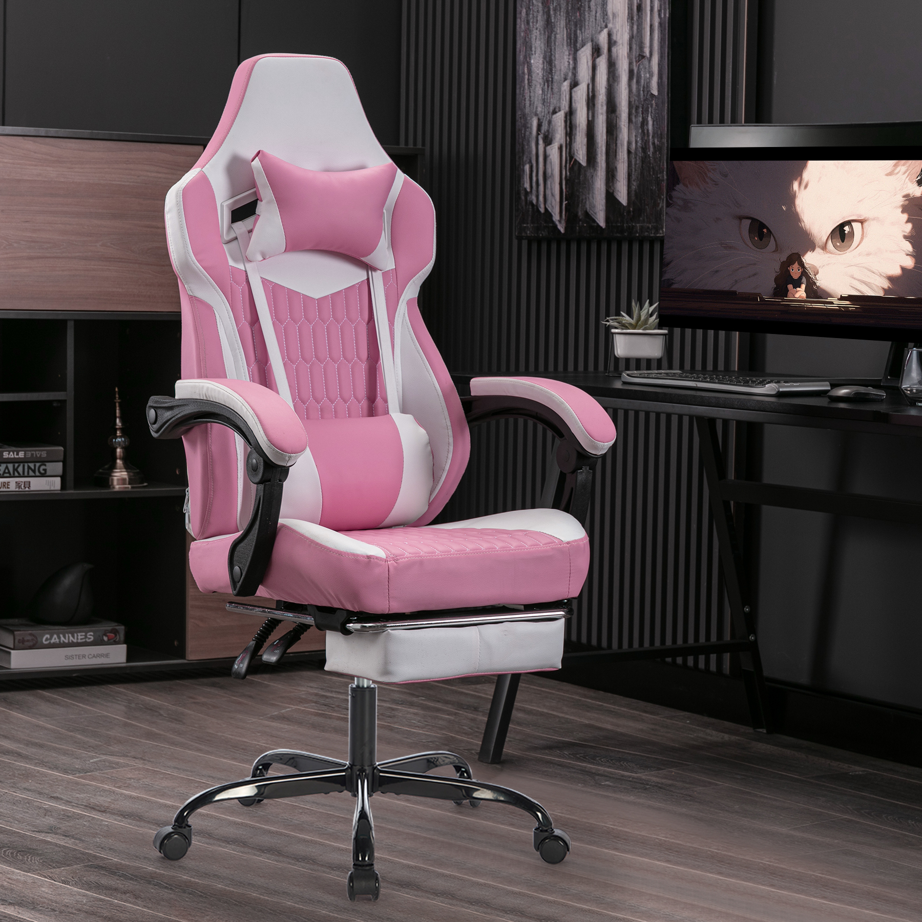 thumbnail video image 2 of Ergonomic Gaming Chair with Adjustable Footrest and Lumbar Support,High Back Racing Style Office Chair, PU Leather Computer Desk Chair with Headrest for Adults ,Pink White, 2 of 9