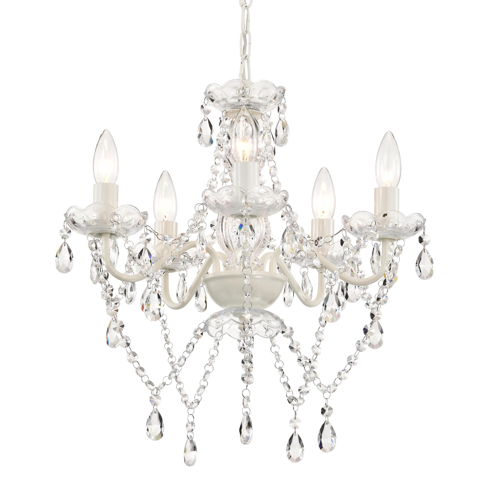 thumbnail video image 2 of Small White Crystal Chandelier, 5-Light Glass Ceiling Light Fixture, E12 Base, Adjustable Chain, for Bedroom , Dining Room, 2 of 8