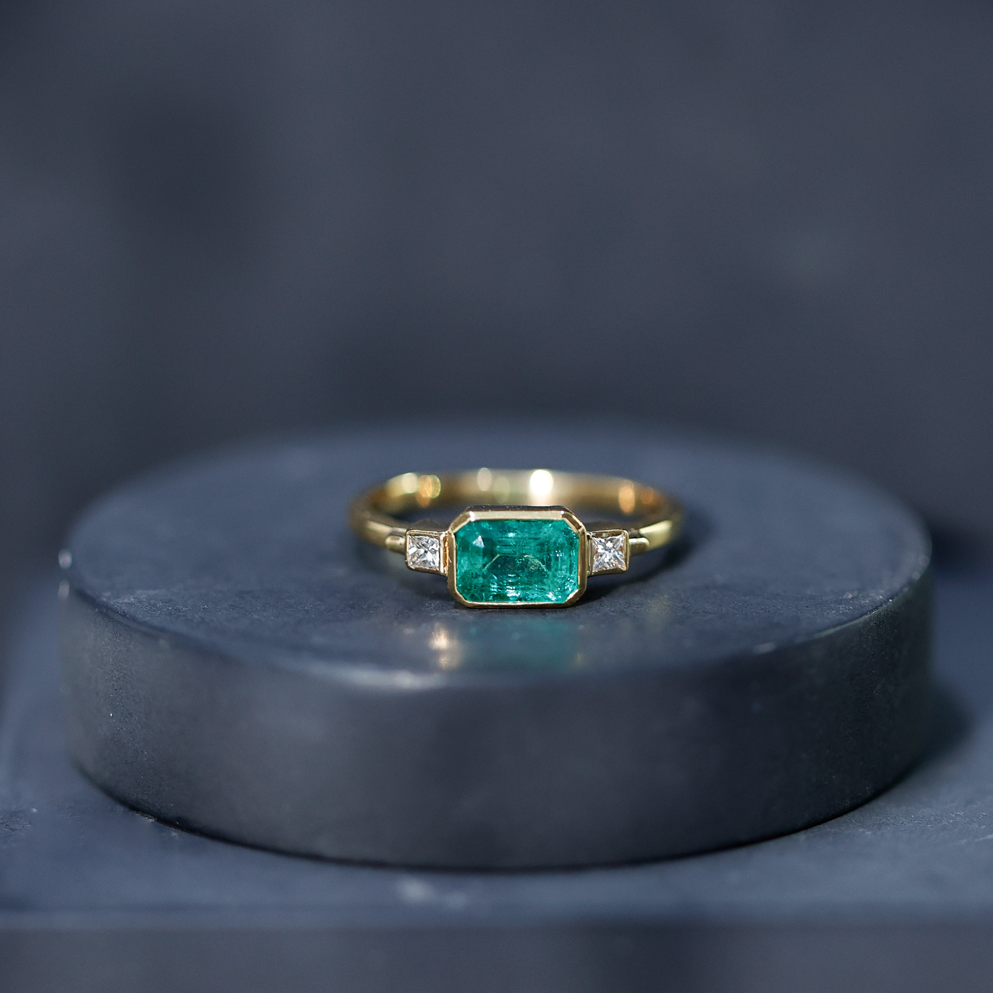 thumbnail video image 2 of Rosec Jewels Womens Emerald Cut Emerald and Princess Cut Diamond Ring in Bezel Setting, Emerald East West Ring, 14K Yellow Gold, US 12.50, 2 of 8