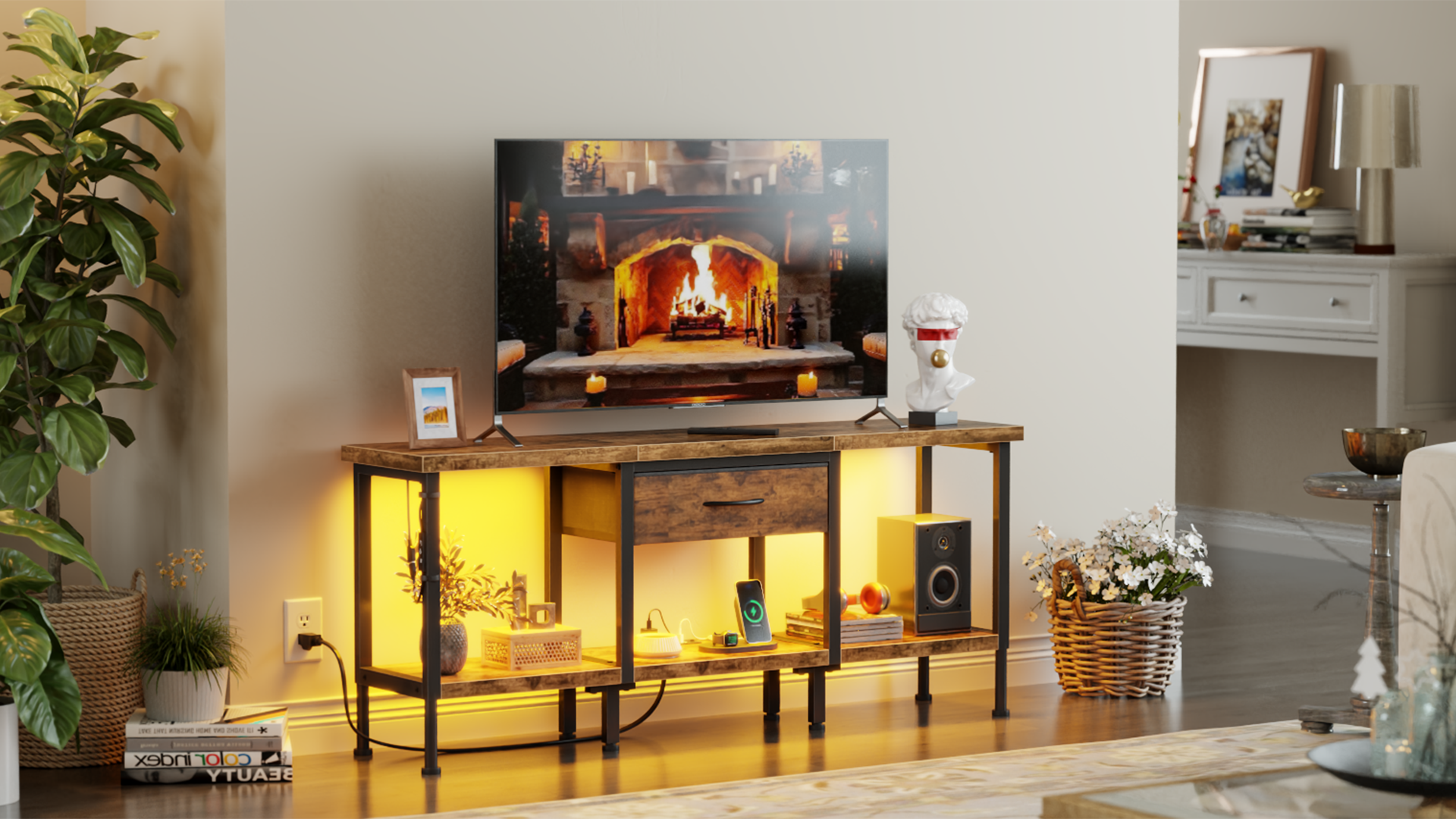 thumbnail video image 2 of GYIIYUO 55 inch TV Stand with LED Lights, Power Outlets & Fabric Drawer, Rustic Brown Entertainment Center with Storage for Living Room, Bedroom, 2 of 12