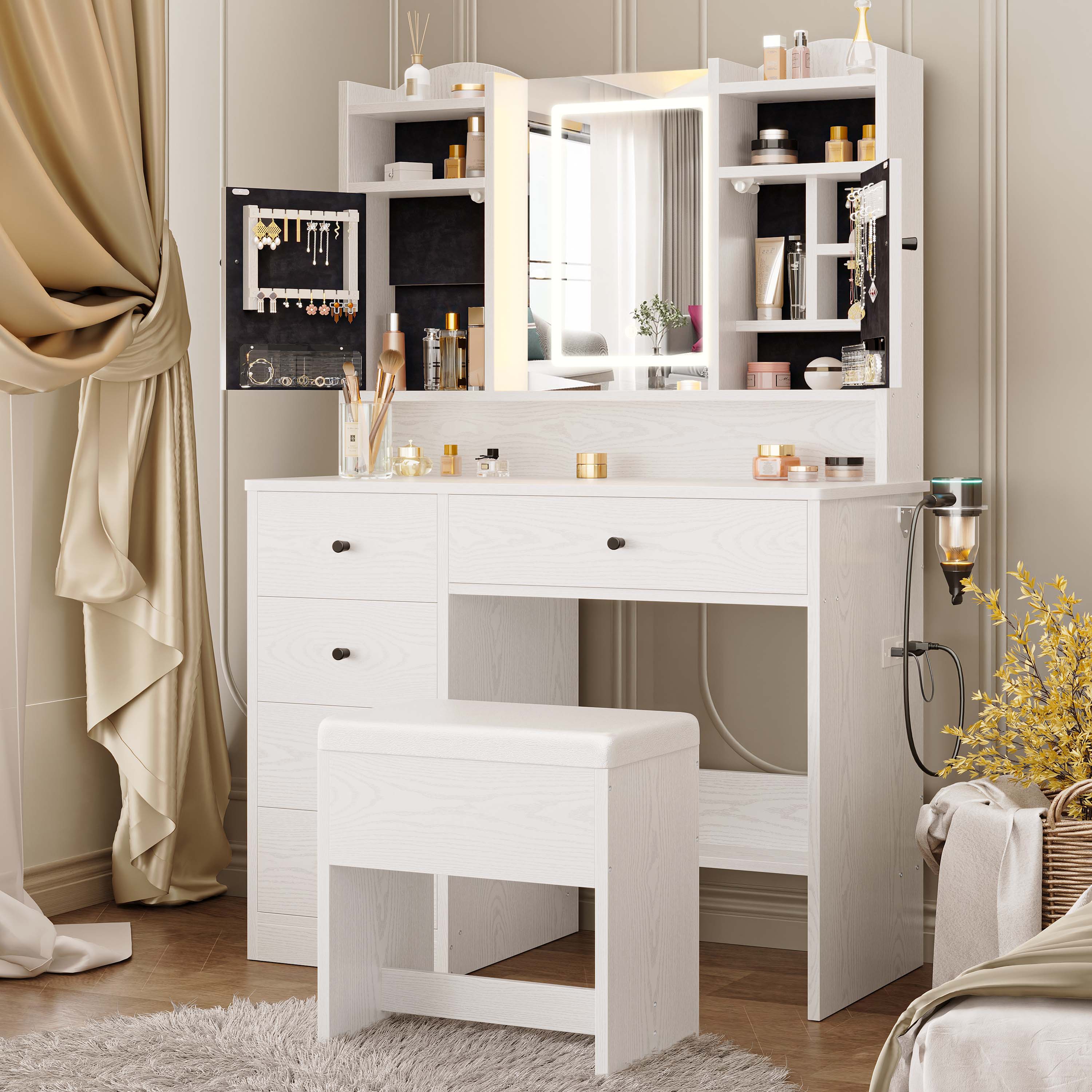 thumbnail video image 2 of IRONCK Makeup Vanity Desk Set with Mirror and Lights, Dresser Table with Charging Station and 5 Drawers,  White, 2 of 9