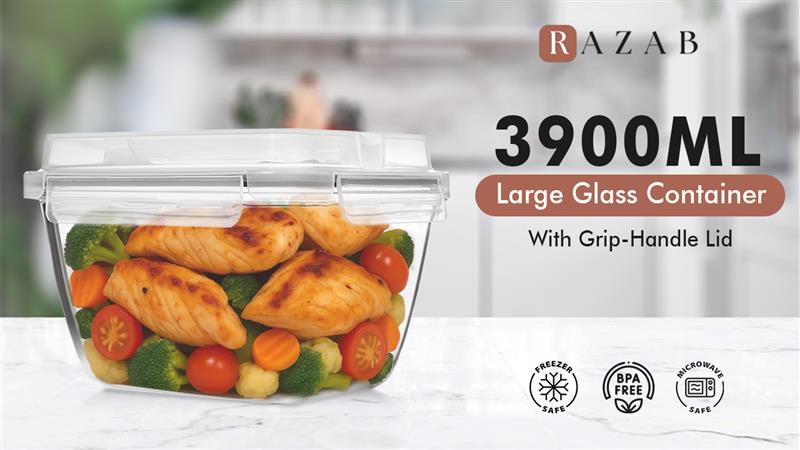 thumbnail video image 2 of Razab 3900ml & 520ml Large Glass Food Storage Containers with Lids - Leakproof, BPA-Free Large Meal Prep Container Ideal for Roasting Turkey, Store Leftover - Microwave & Oven Safe, 2 of 9