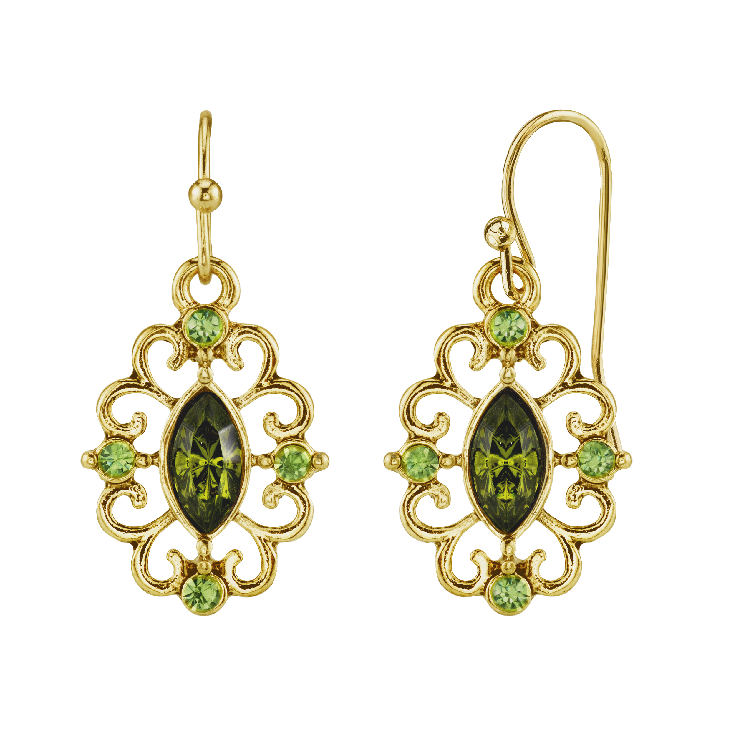 thumbnail video image 2 of 1928 Jewelry Olivine Green Crystal Filigree Drop Earrings, 2 of 5