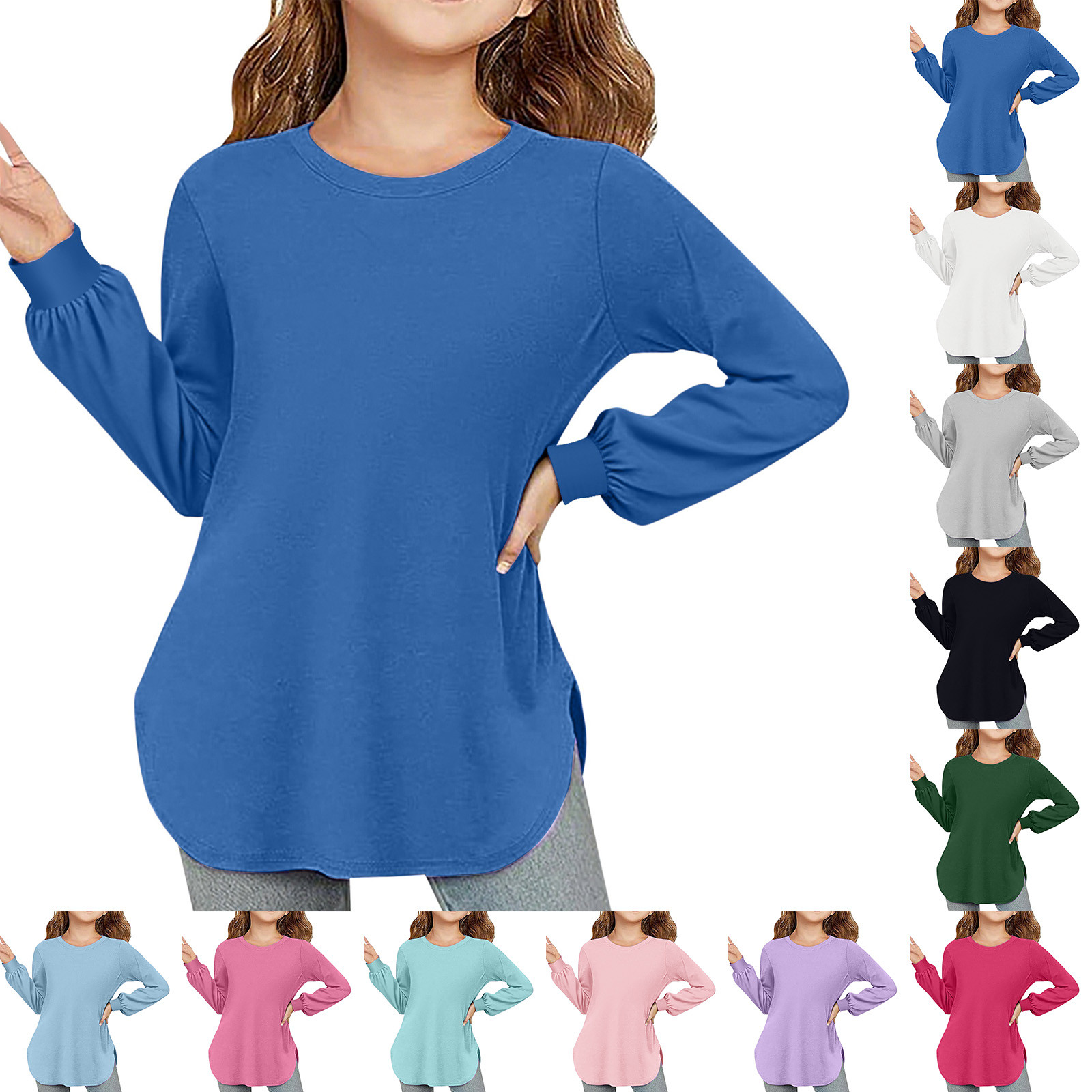 thumbnail video image 2 of Girls Casual Long Sleeve Shirts Round Neck Fall Winter Tops Loose Fit Tunic Blouses 5-16 Years, 2 of 5