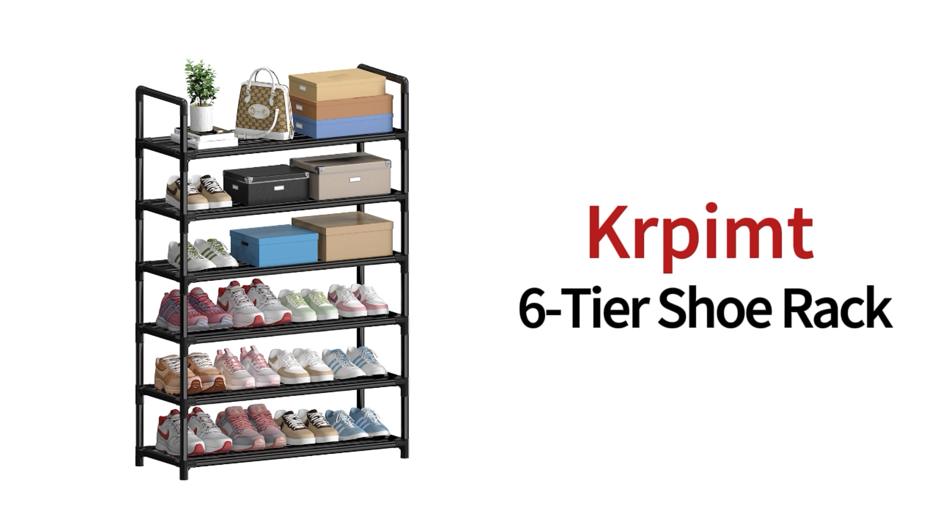 thumbnail video image 2 of Krpimt 6-Tier Shoe Rack, 31.5" Stackable Shoe Organizer Storage Holds 18-24 Pairs, Metal Shoe Shelf for Entryway Hallway and Closet, Black, 2 of 10