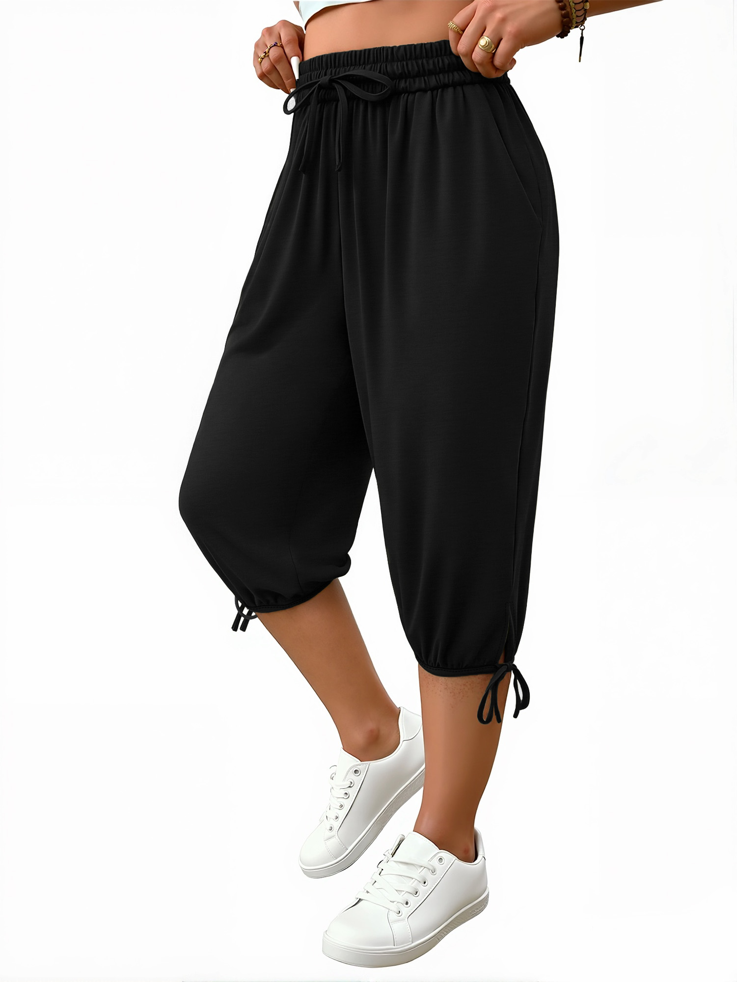 thumbnail video image 2 of WellSize Plus Size Capris Pants for Women Lightweight Casual Joggers with Pockets Loose Fit High Waisted Pants, 2 of 8