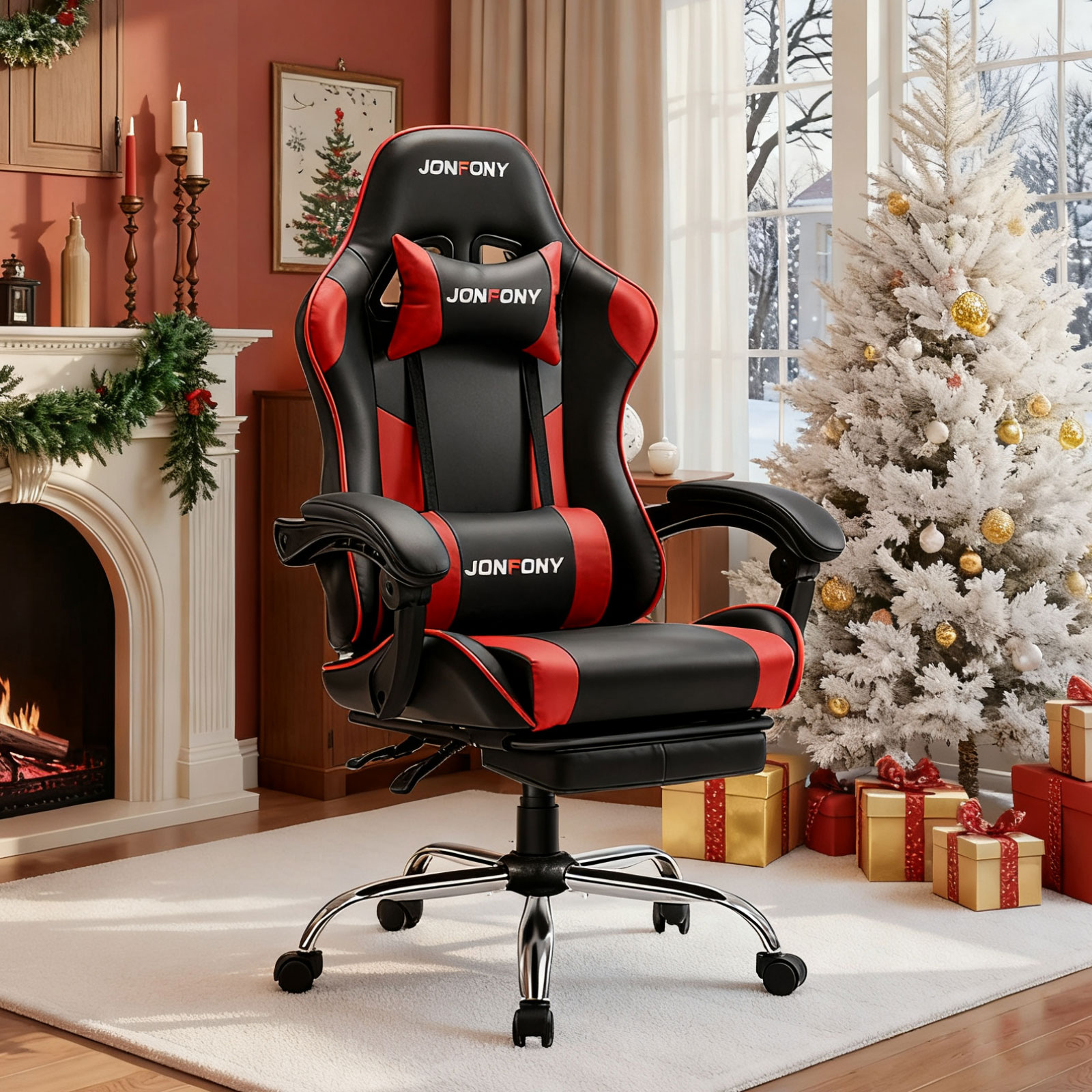 thumbnail video image 2 of JONPONY Big and Tall Gaming Chair, Ergonomic Design, Gamer Chair PU Leather with Footrest and Lumbar Support, High Back Office Chair Support 8 Hours Long Sitting, Computer Chair,Black RED, 2 of 10