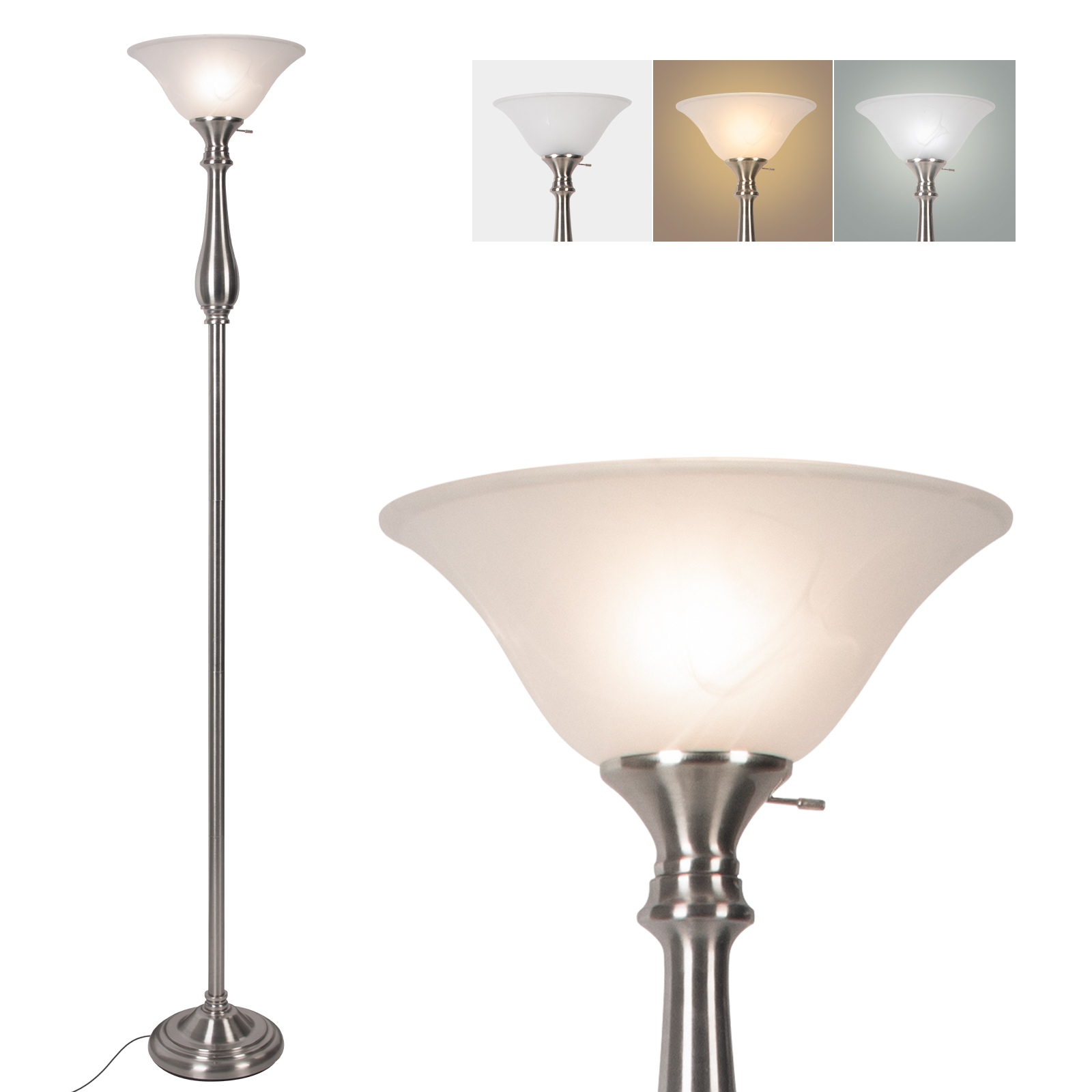 thumbnail video image 2 of HonoDing Torchiere Floor Lamp, 1-Light, Brushed Nickel, Alabaster Glass Shades, 2 of 8