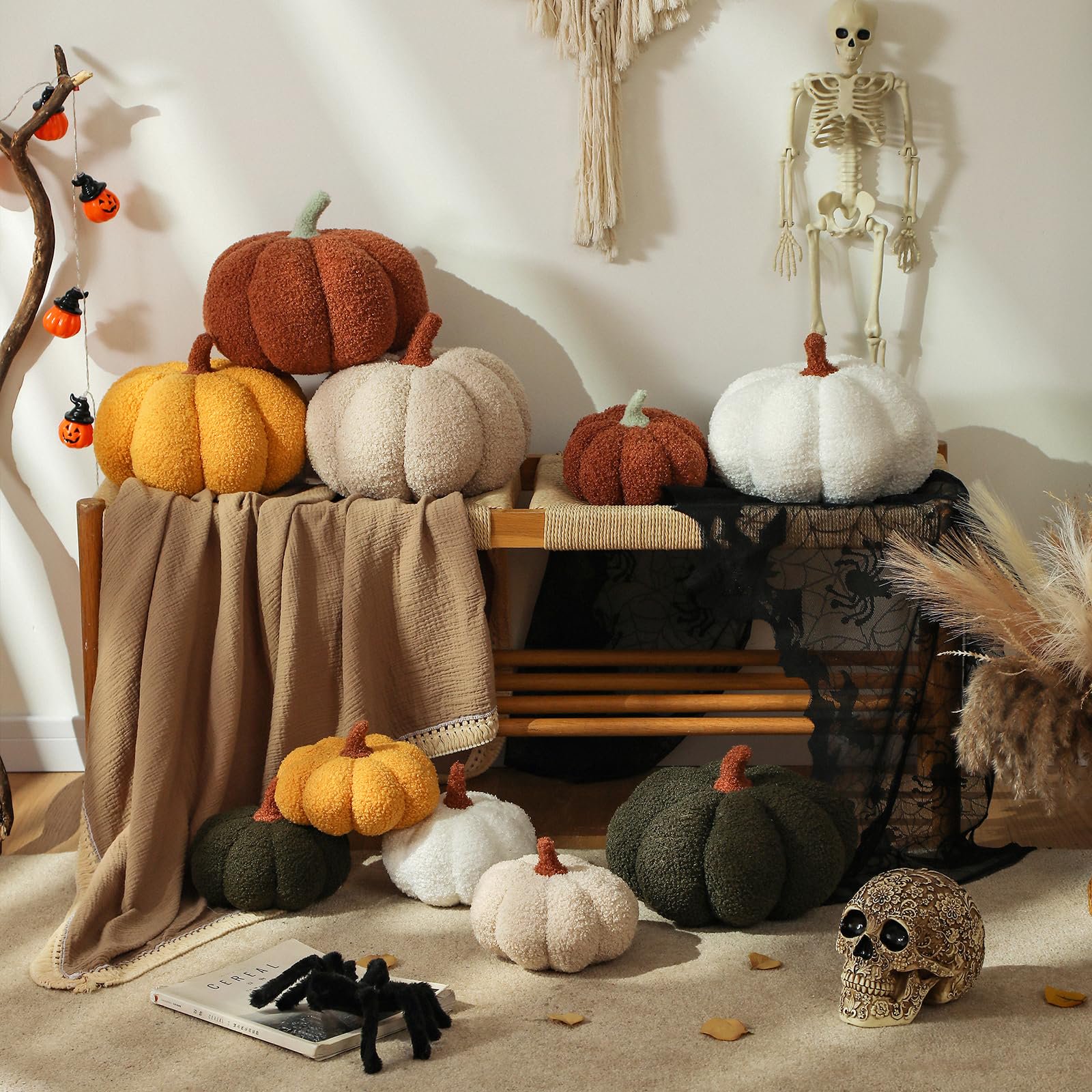 thumbnail video image 2 of Sherpa Pumpkin Pillow Small Plush Stuffed Cushion Halloween Fall Thanksgiving Decor Fluffy Table Centerpiece Ornament Brown 9inch, 2 of 15