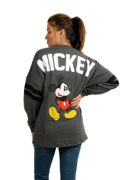thumbnail video image 2 of Mickey Mouse Sweatshirt Disney Womens Long Sleeve Oversized Jersey Charcoal Gray, 2 of 8