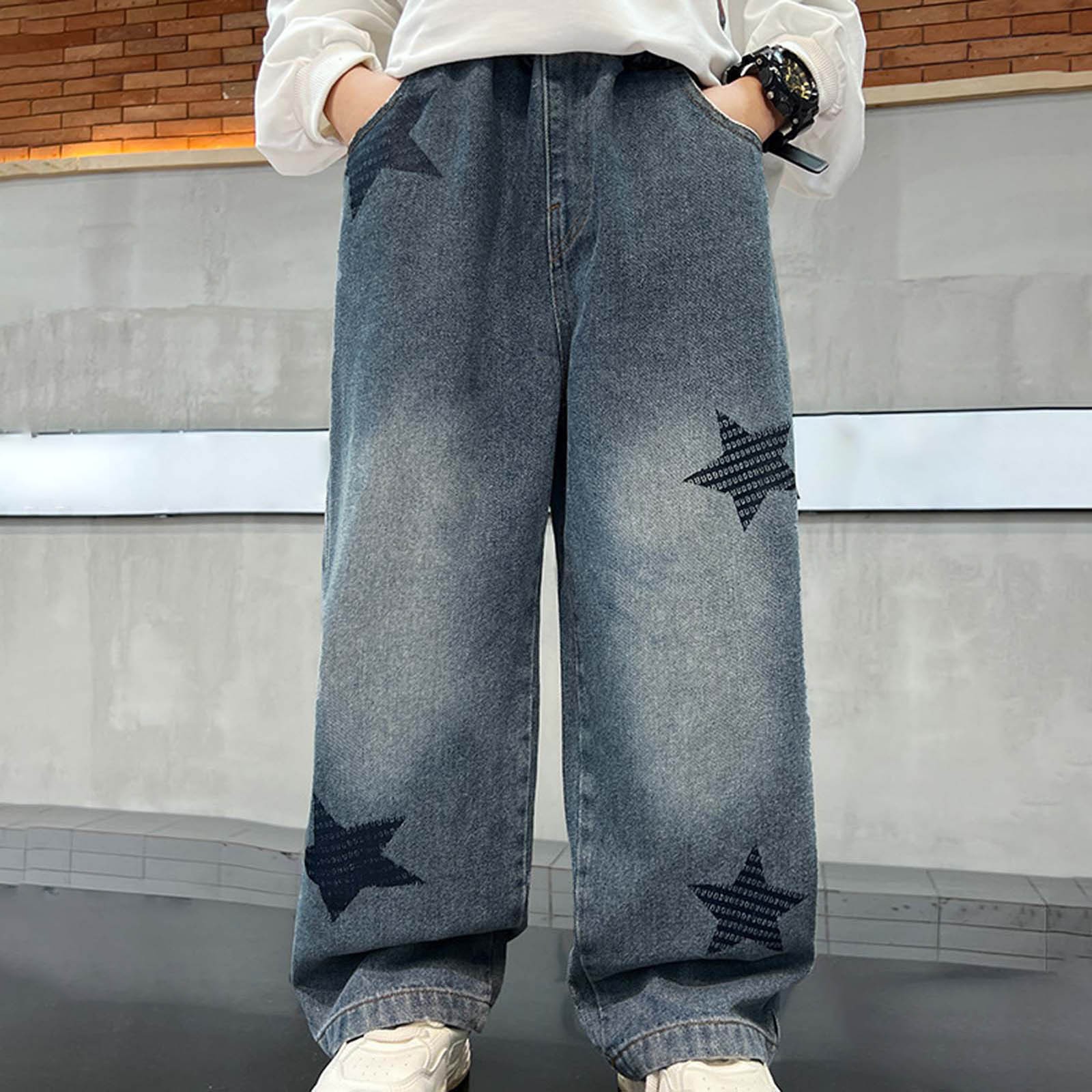 thumbnail video image 2 of WMQPNNS Boys Jeans Kids Fashion Boys Denim Pants Toddler Baggy Elastic Waist Straight Leg Skater Denim Pants Casual Loose Streetwear with Pockets(B-Blue, Size 13-14 Years), 2 of 10