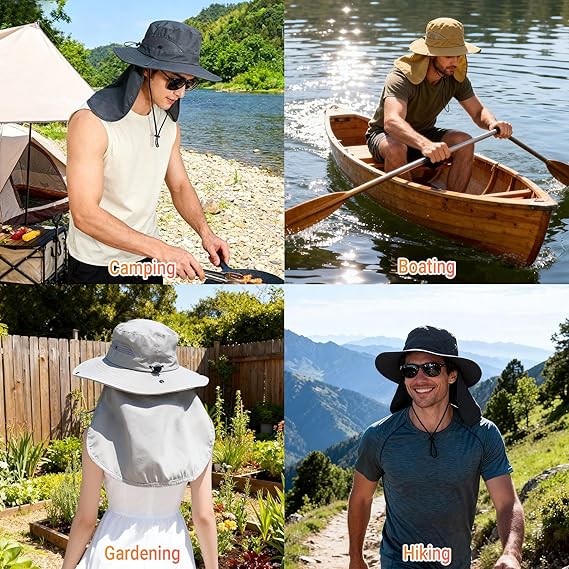 thumbnail video image 2 of Men'S Full Protection Sun Hat - Removable Face Neck Flap, Wide Boonie Hat, Breathable Mesh Cap, Hiking Fishing Camping Gardening, Gray, Ccwuwei, 2 of 7