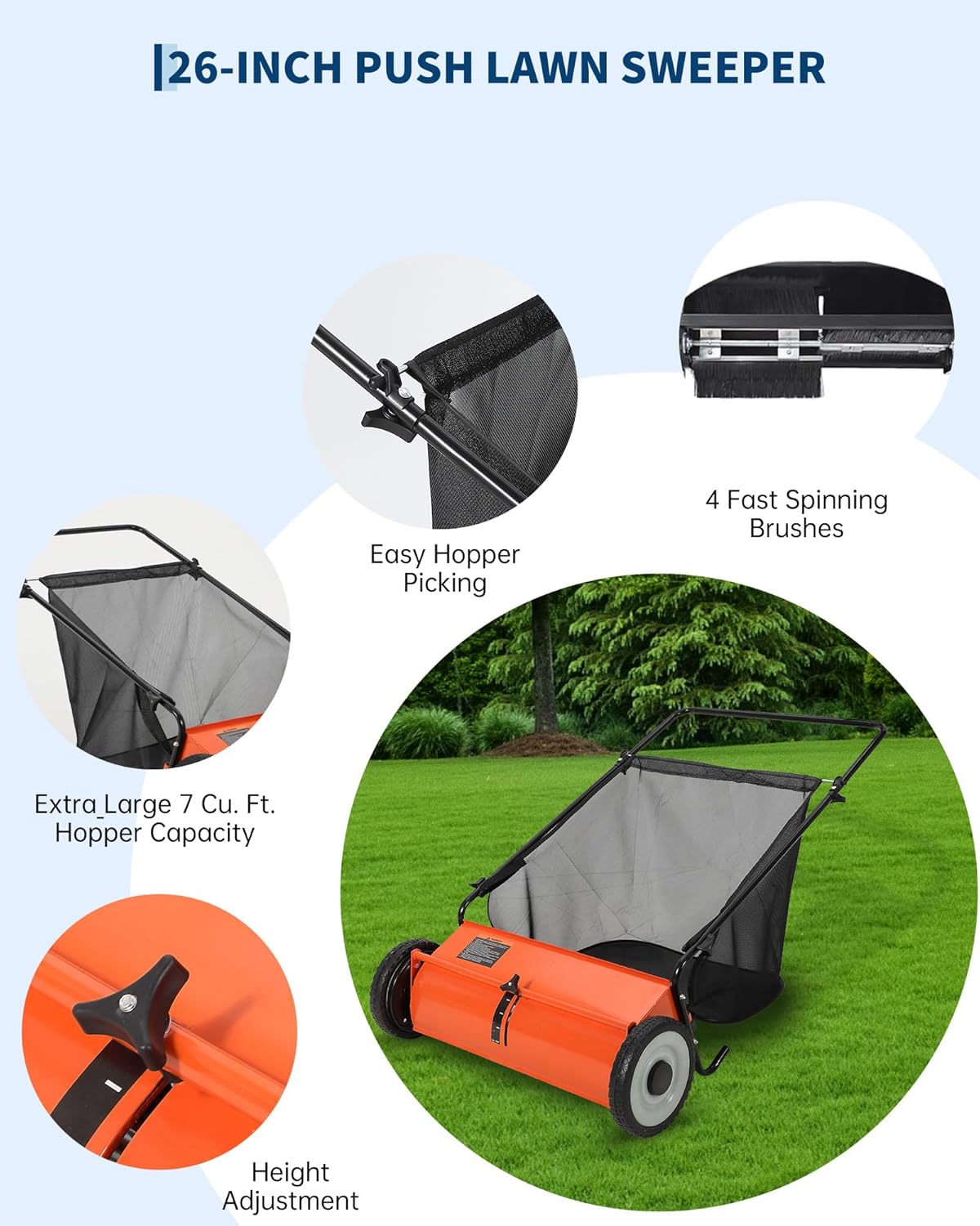 thumbnail video image 2 of DSstyles 26" 7.6 cu ft Push Lawn Sweeper with Enhanced 4-Brush System, Sturdy Steel Frame, Adjustable Height, 2 of 9