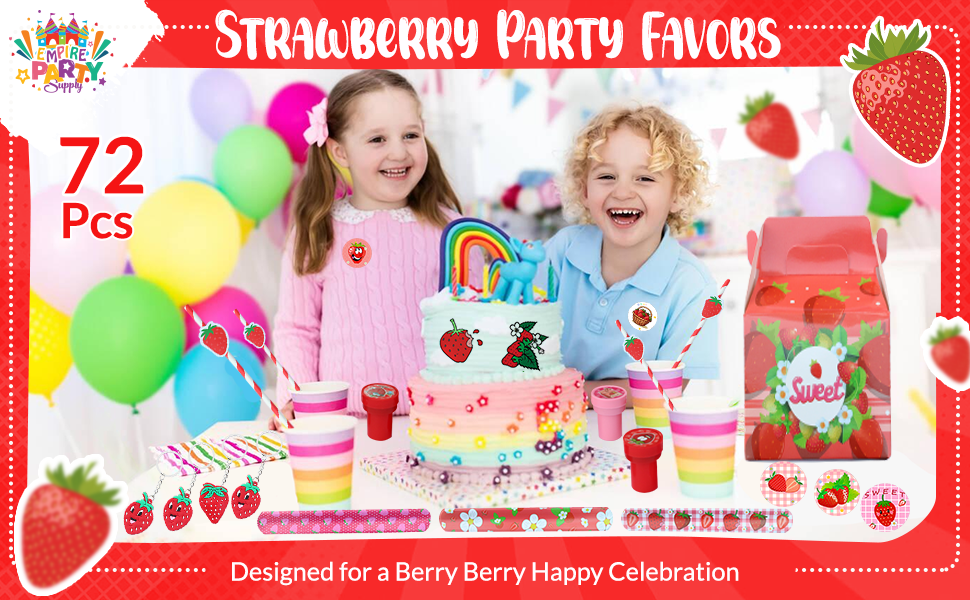 thumbnail video image 2 of Strawberry Party Favor 84 PCS Sweet Berry Slap Treat Box Bracelets DIY Stickers Stampers Keychain Paper Straws Gift Rewards for Kids Girls Birthday Supply, 2 of 7