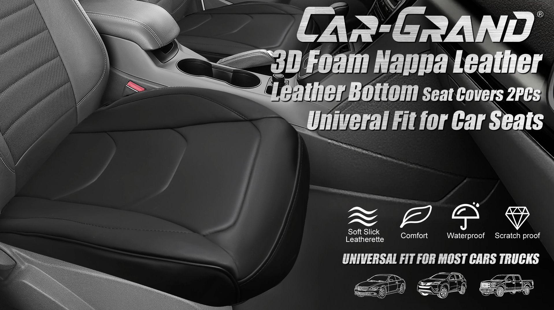 thumbnail video image 2 of Car Grand 2Pack Leather Memory Foam Car Seat cover, Water Resistant Faux Leather Bottom Seat Covers Universal Fit for Cars,SUV,Trucks Black, 2 of 8