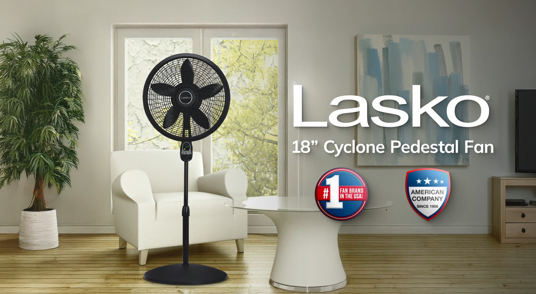 thumbnail video image 2 of Lasko Cyclone 18" 3-Speed Oscillating Remote Controlled Pedestal Fan, Black, 1843, New, 2 of 18