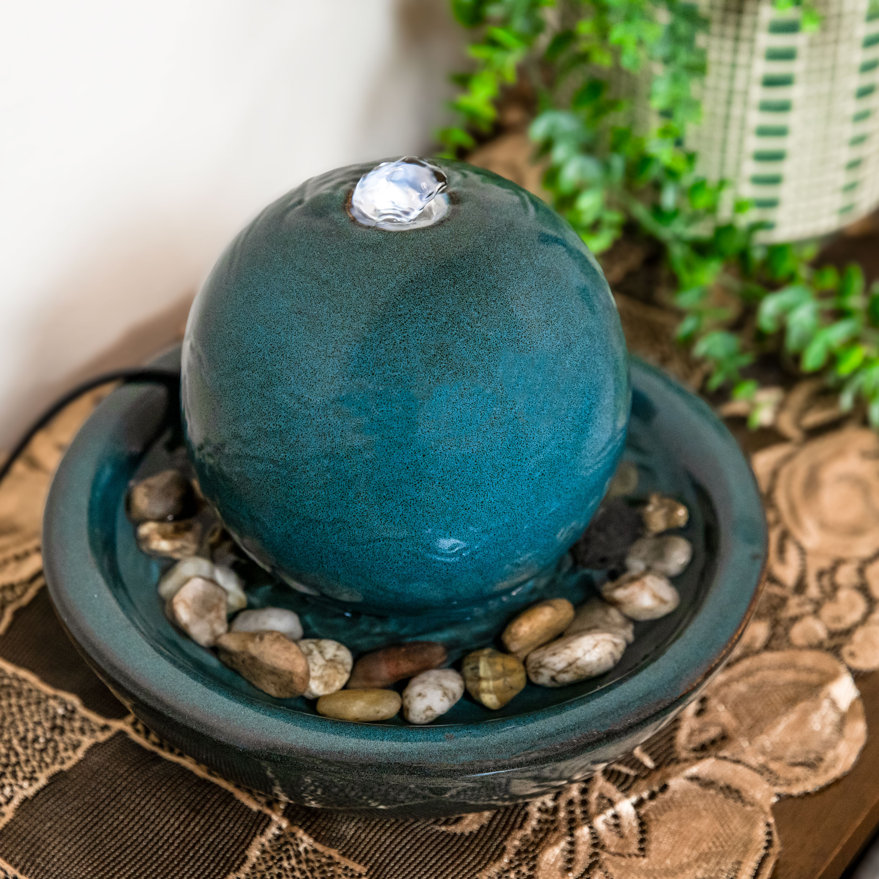 thumbnail video image 2 of Sunnydaze Modern Teal Ceramic Tabletop Water Fountain with Orb, 2 of 12