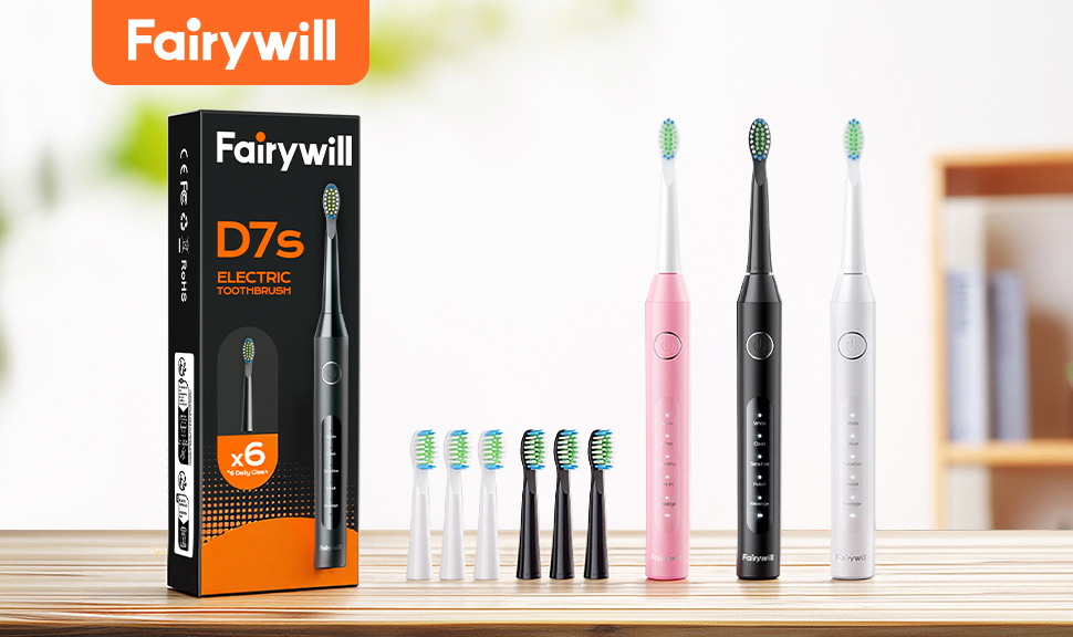 thumbnail video image 2 of Fairywill D7s Sonic Electric Toothbrush for Adults, Rechargeable with 6 Dupont Brush Heads, 47000 VPM, 5 Modes, Fast Charge,60-Day Battery, IPX7 Waterproof, Black, 2 of 11