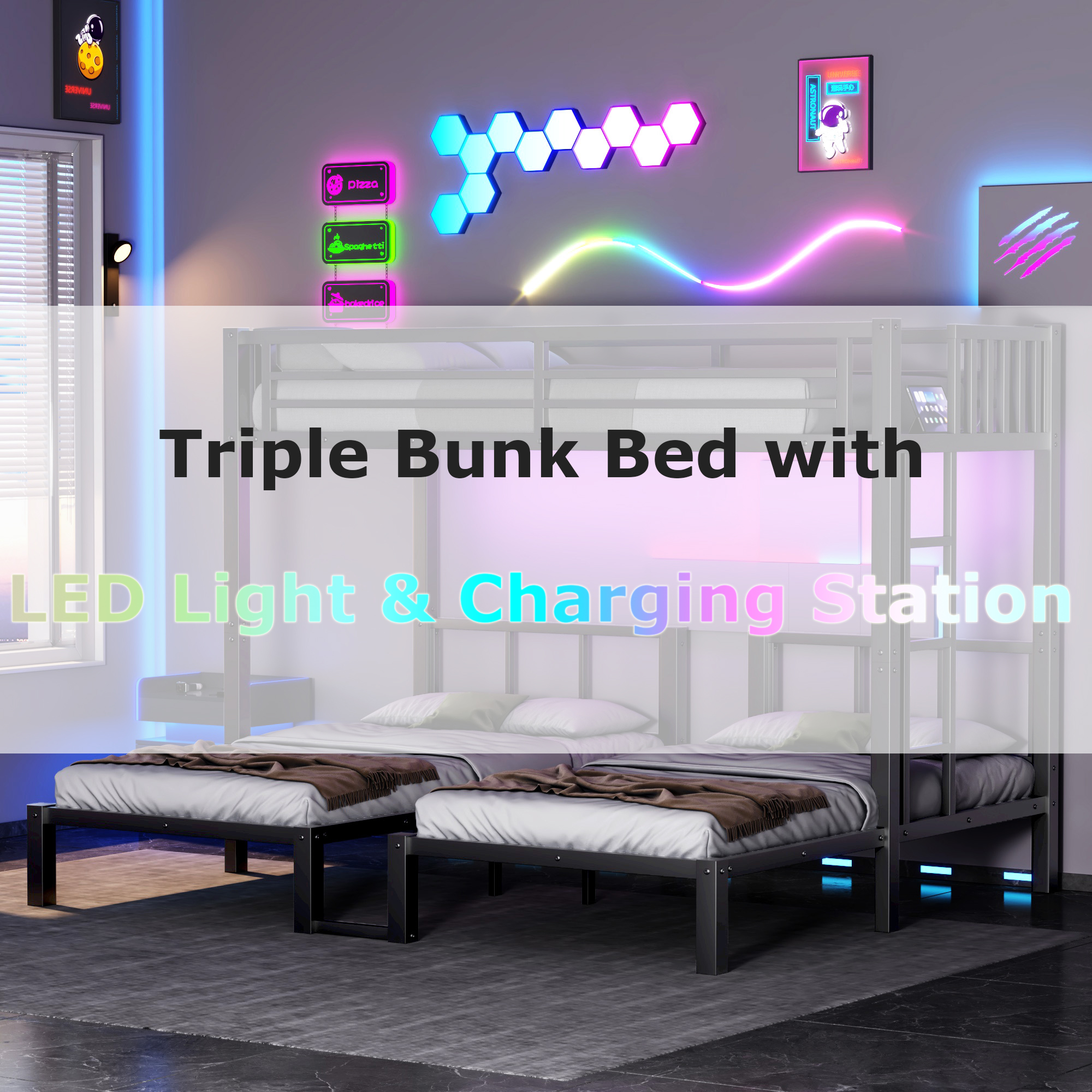 thumbnail video image 2 of Mirightone Triple Bunk Bed with LED & USB Charging Station, Convertible to 3 Separate Beds, Twin XL over Twin Metal Bunk Bed with Safety Guardrail & Ladder for 3 Teens,No Box Spring Needed, 2 of 12