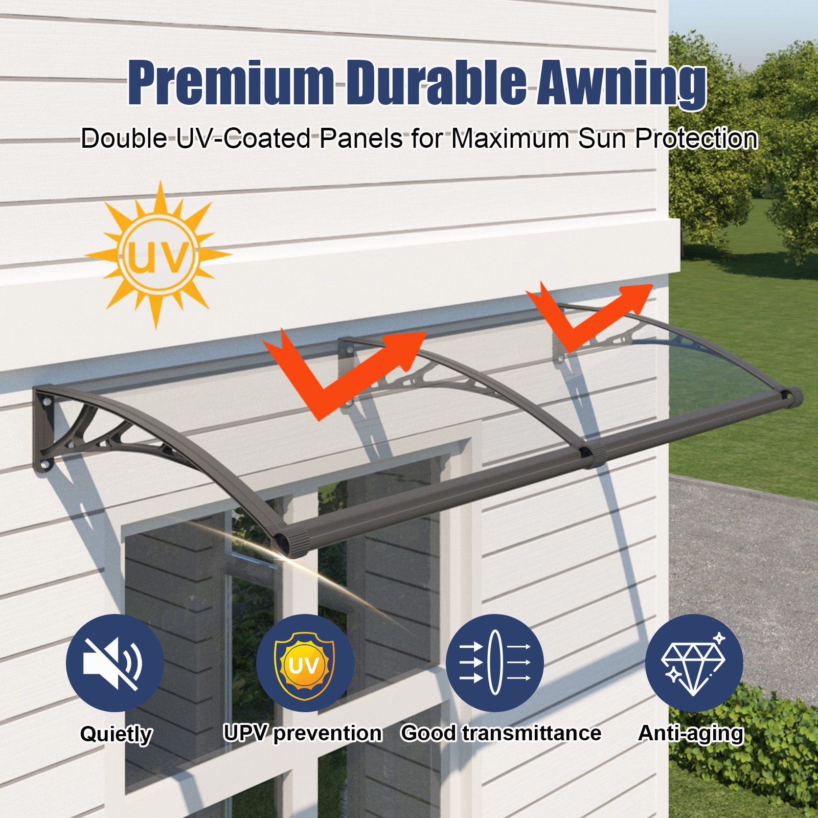thumbnail video image 2 of Guansu All-Weather Waterproof Awning, Polycarbonate Window Door Canopy with Drainage Sink for Sun and Rain Protection, 2 of 10