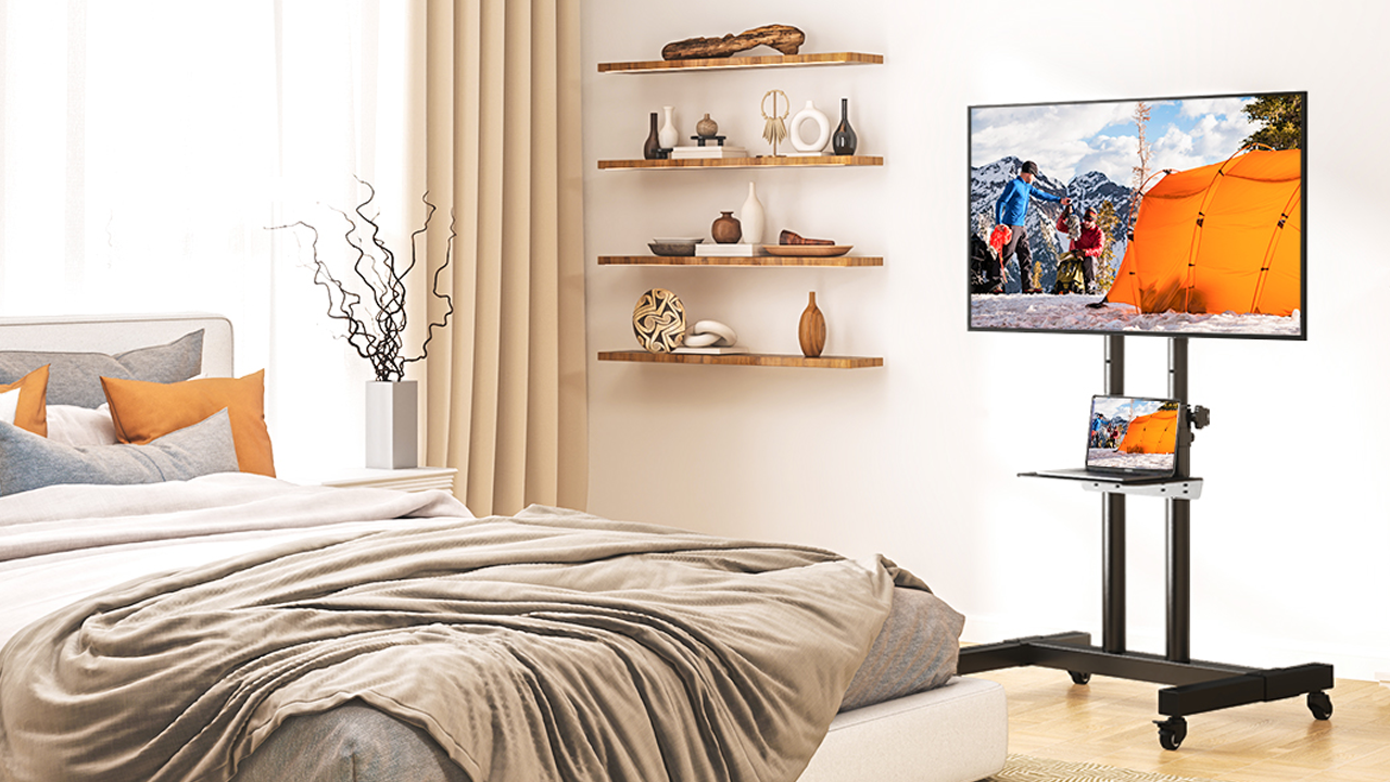 thumbnail video image 2 of RTVR Rolling Mobile TV Stand on Wheels for 32-83 inch Flat Screens, Portable Tall TV Stand with Adjustable Metal Shelf Black, 2 of 9