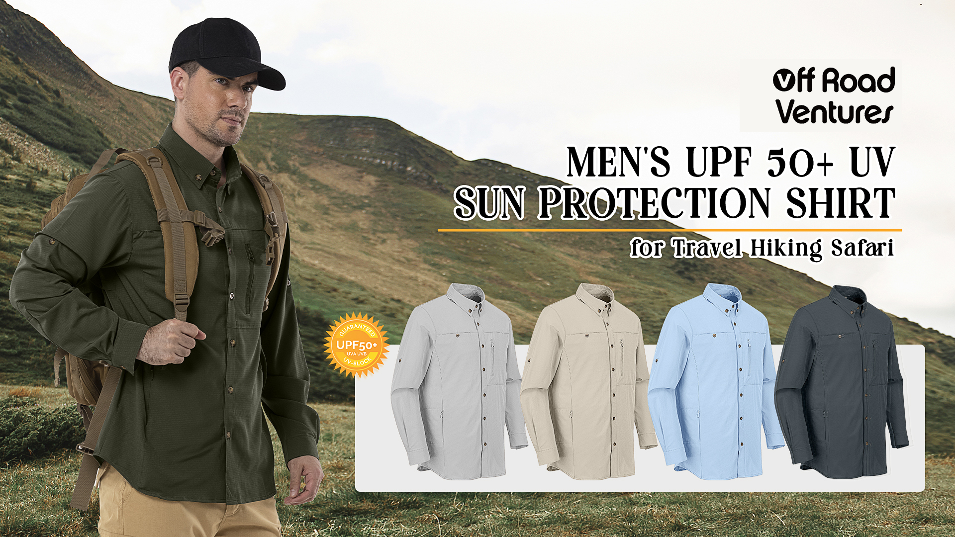 thumbnail video image 2 of Off Road Ventures Men's Fishing Long Sleeve Shirts Safari UPF 50+ UV Protection Quick Dry Cooling Breathable Shirt for Hiking Travel Camping, 2 of 8